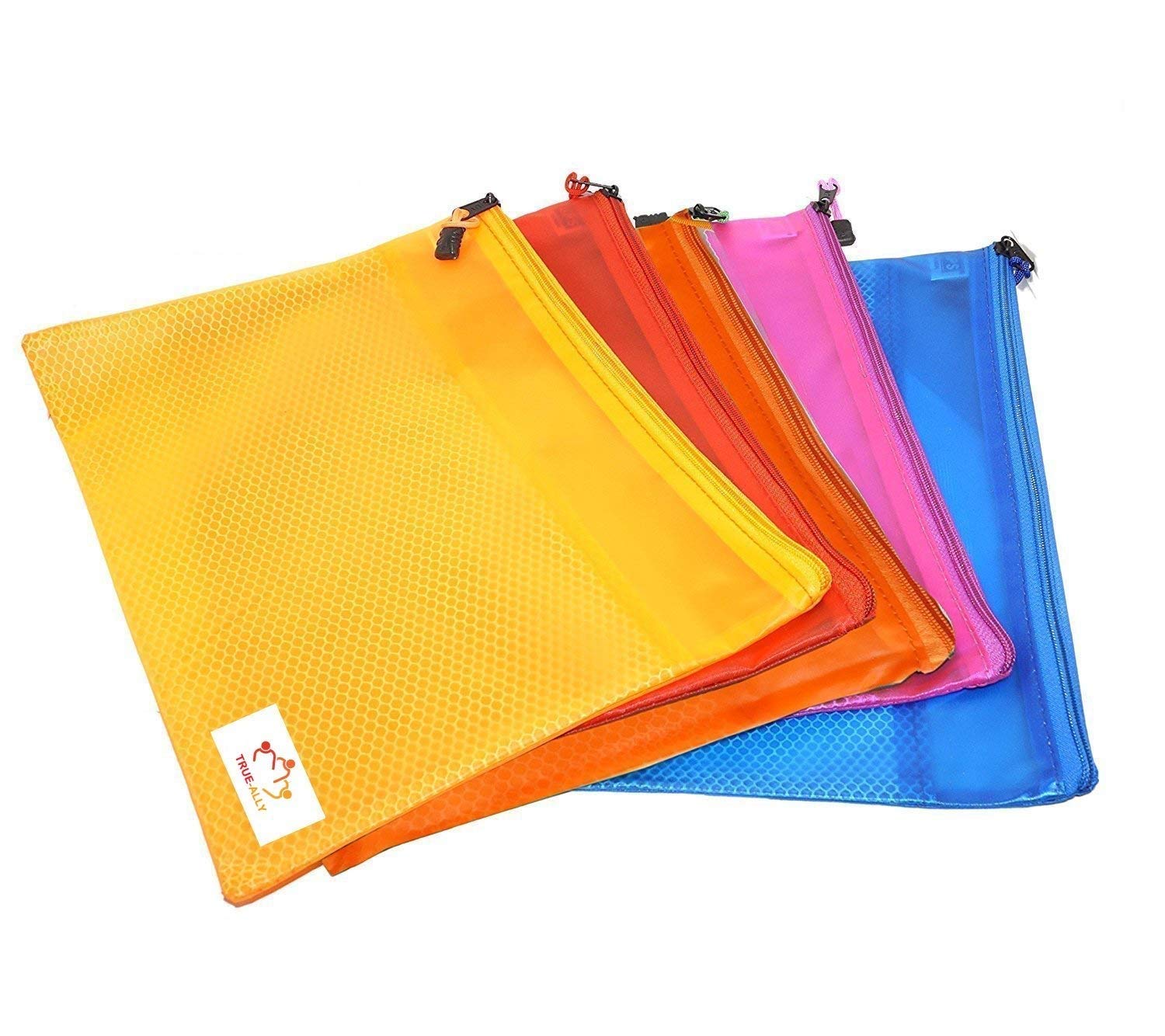 True-Ally 5 Pieces Transparent Pouch - Heavy-Duty Plastic Reinforced With Threads - Mesh Bag With Zipper For Organize Supplies (