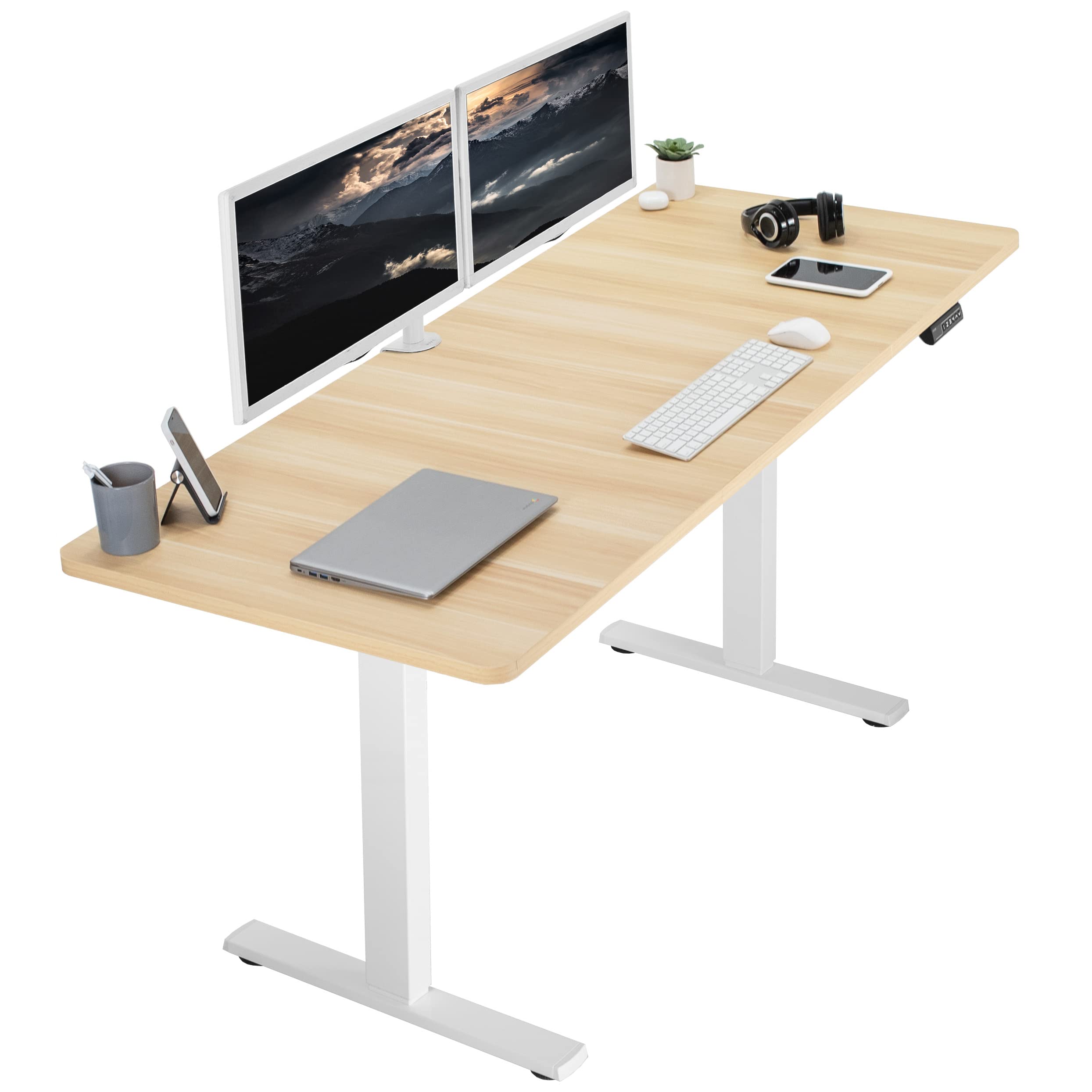 Vivo Electric Height Adjustable 71 X 30 Inch Memory Stand Up Desk, Light Wood Table Top, White Frame, Standing Workstation With Preset Controller, 1B Series, Desk-Kit-1W7C