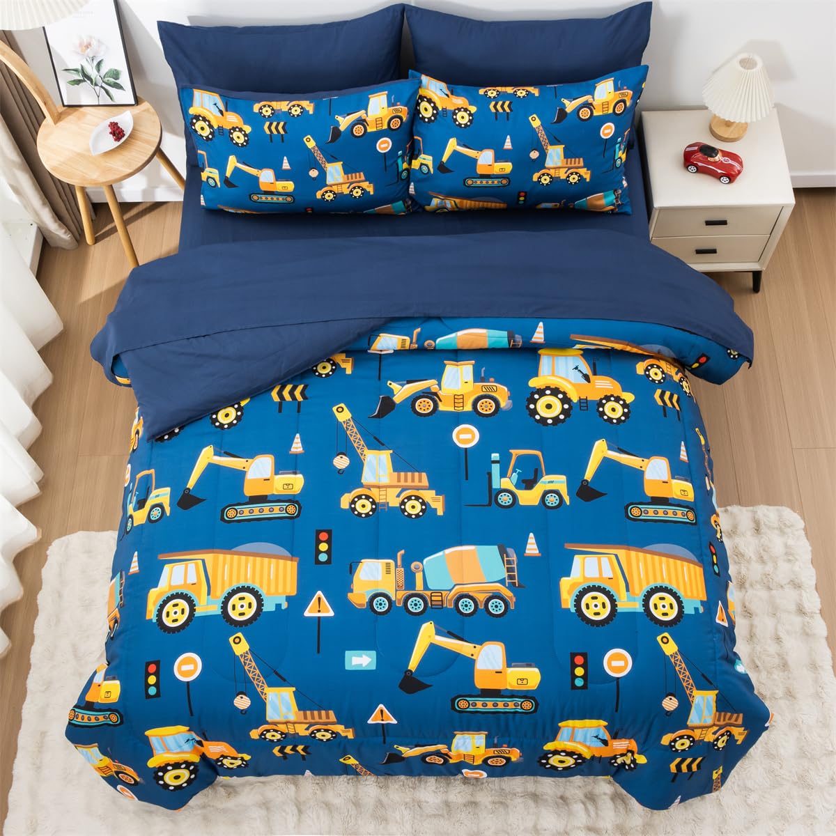 Ntbed 5 Pieces Construction Truck Full Comforter Set For Boys Kids Bed In A Bag Vehicles Excavator Lightweight Microfiber Beddin