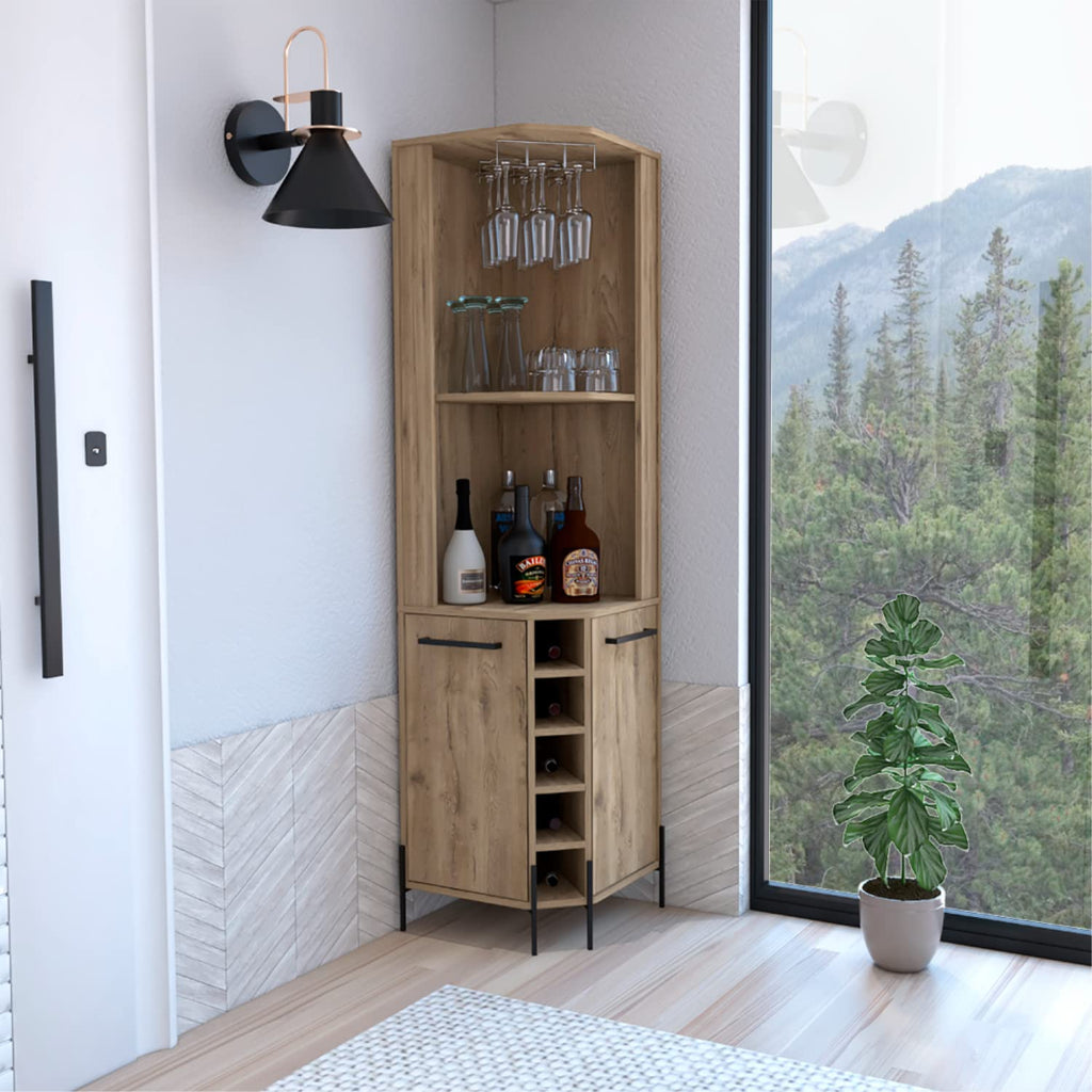 Bosnia Corner Bar Cabinet With 2 Open Shelves, 5 Wine Cubbies, 2 Cabinets, 4 Inner Shelves, And Glass Rack, Macadamia