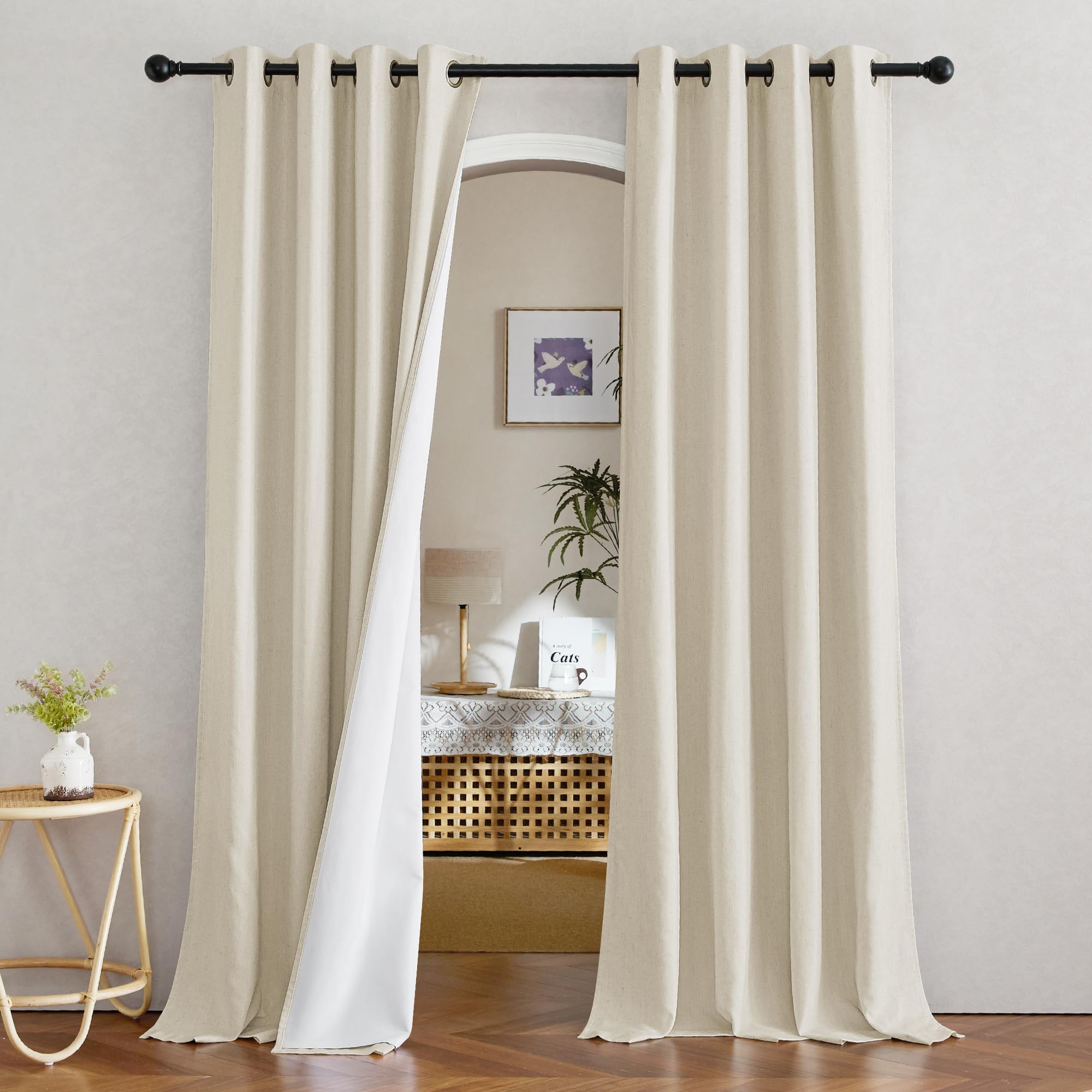 NICETOWN Natural Thick Linen Full Blackout Curtains for Living Room and Bedroom, W52 x L96, 2 Panels Bronze Grommet 2 Layers Win