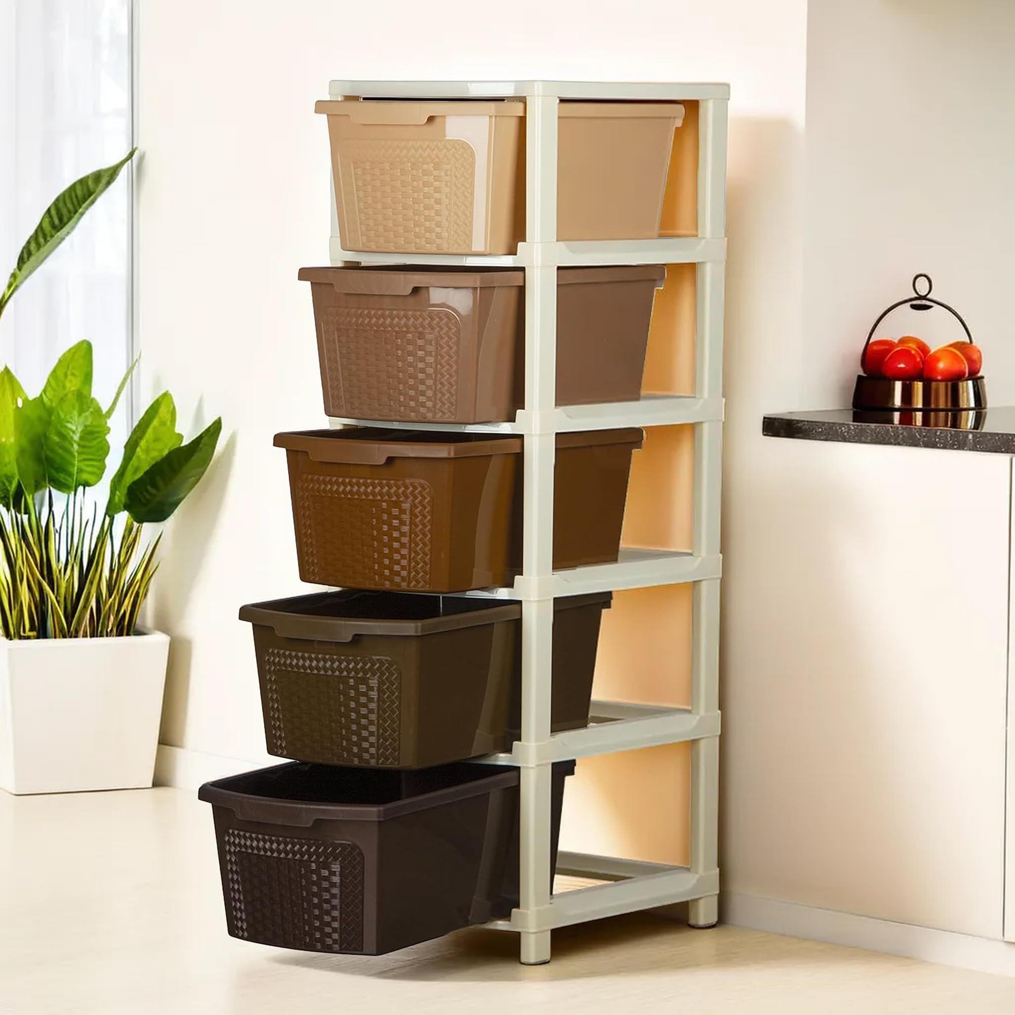 Kuber Industries 5Layer & 92 Ltr Plastic Drawer Storage Organiser | Modular Kitchen Cabinet & Toy Organizer For Kids Room | Mul