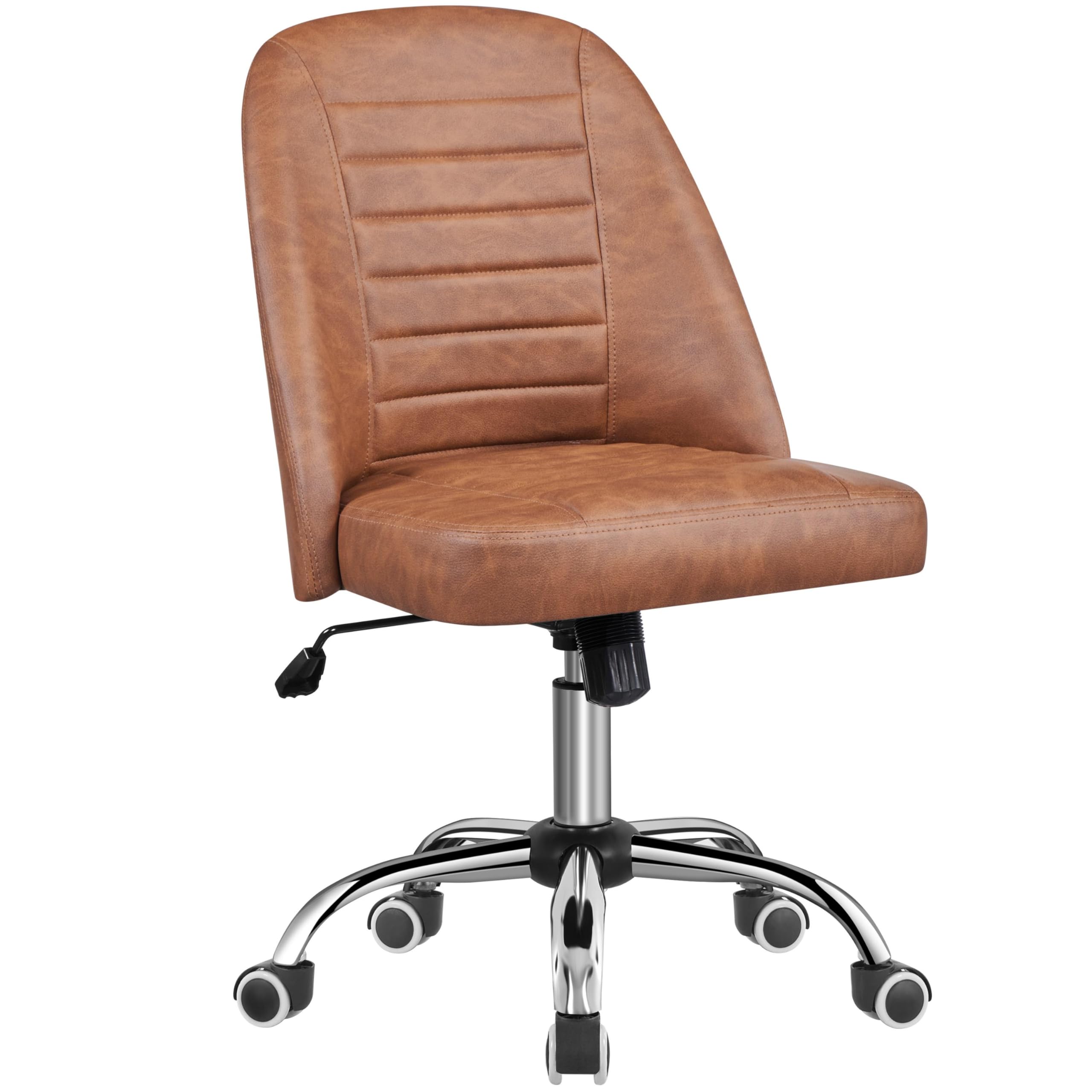 Yaheetech PU Leather Armless Task Office Chair, Modern Tiltable Mid Back Vanity Chair with Rolling Wheels, Metal Base Retro Brow