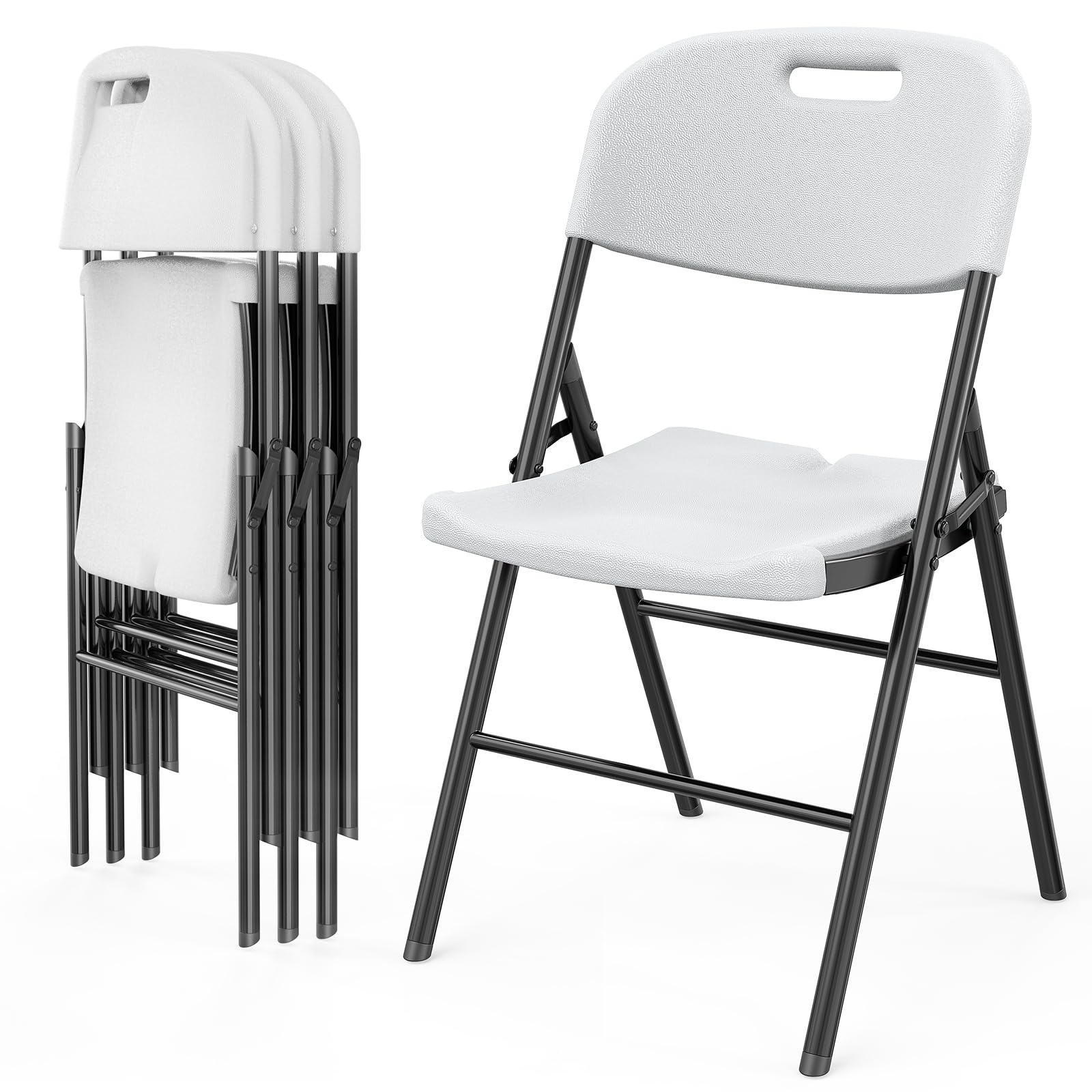 Vingli Folding Chairs, Heavy Duty Foldable Chair Portable Hdpe Plastic Seat With Steel Frame For Indoor Outdoor Dinning Party Wedding School Use, White, 4 Pack
