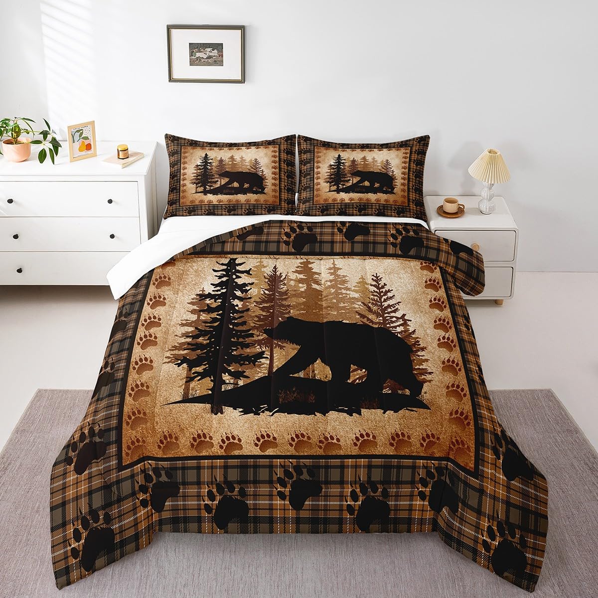 Bear Print Comforter Set Queen Size,Wild Animal Hunt Pine Trees Retro Bedding Set For Women Adult,Rustic Grid Plaid Cabin Decor