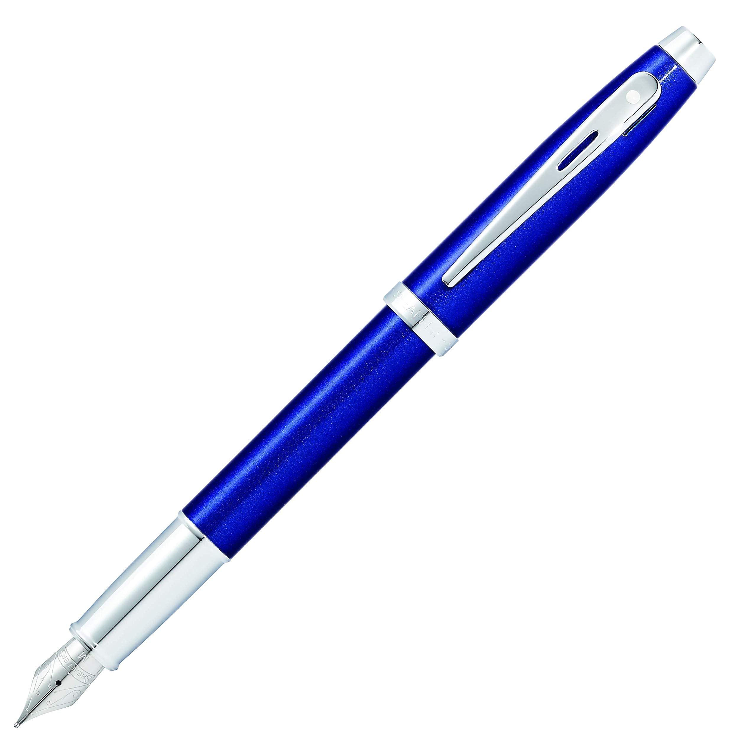 Sheaffer 100 Glossy Blue Lacquer Fountain Pen With Polished Chrome Trim And Medium Nib