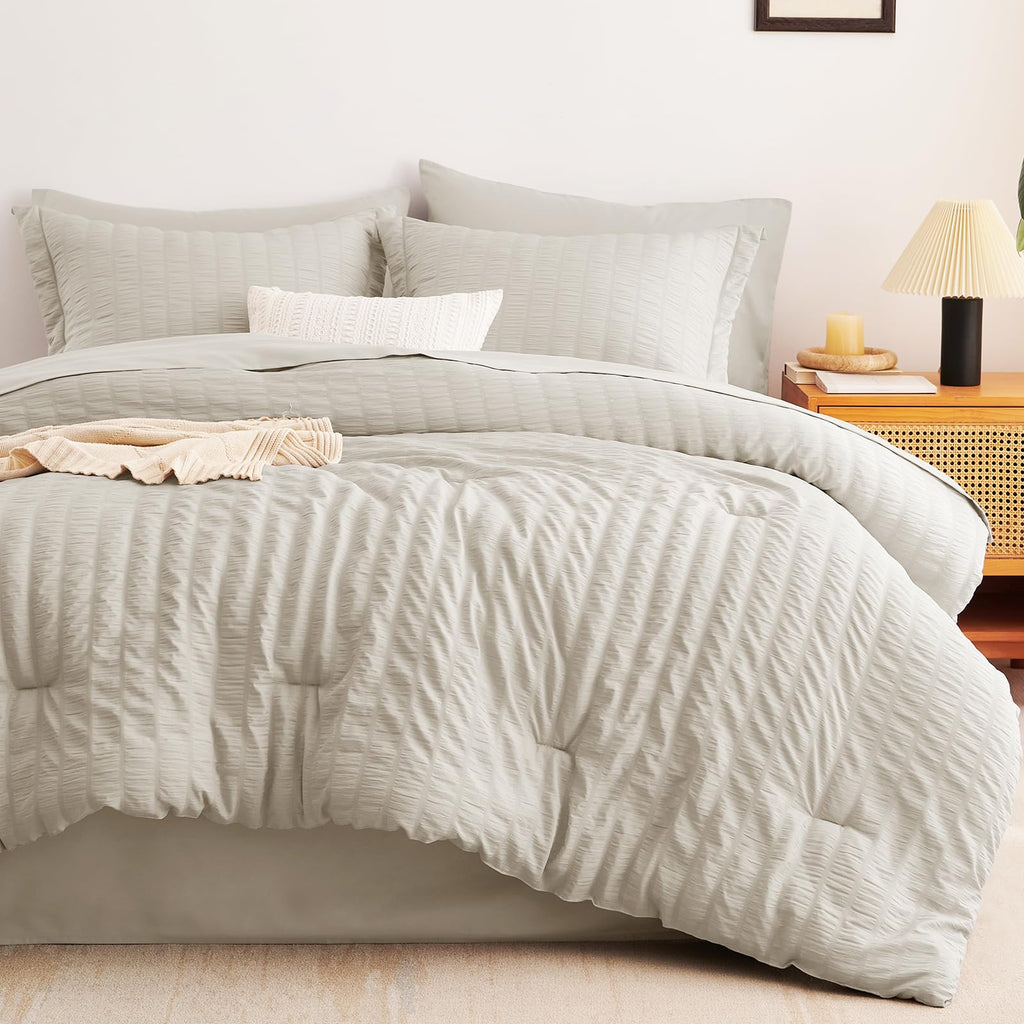 Cozylux King Seersucker Comforter Set With Sheets Beige Bed In A Bag 7-Pieces All Season Bedding Sets With Comforter, Pillow Sham, Flat Sheet, Fitted Sheet, Pillowcase