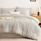 Cozylux King Seersucker Comforter Set With Sheets Beige Bed In A Bag 7-Pieces All Season Bedding Sets With Comforter, Pillow Sham, Flat Sheet, Fitted Sheet, Pillowcase