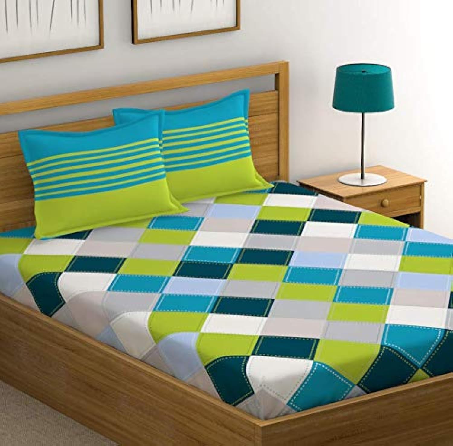 Huesland By Ahmedabad Cotton 144 Tc Cotton King Size Bedsheet With 2 Pillow Covers  Blue, Green & Grey(9Ft X 9Ft)