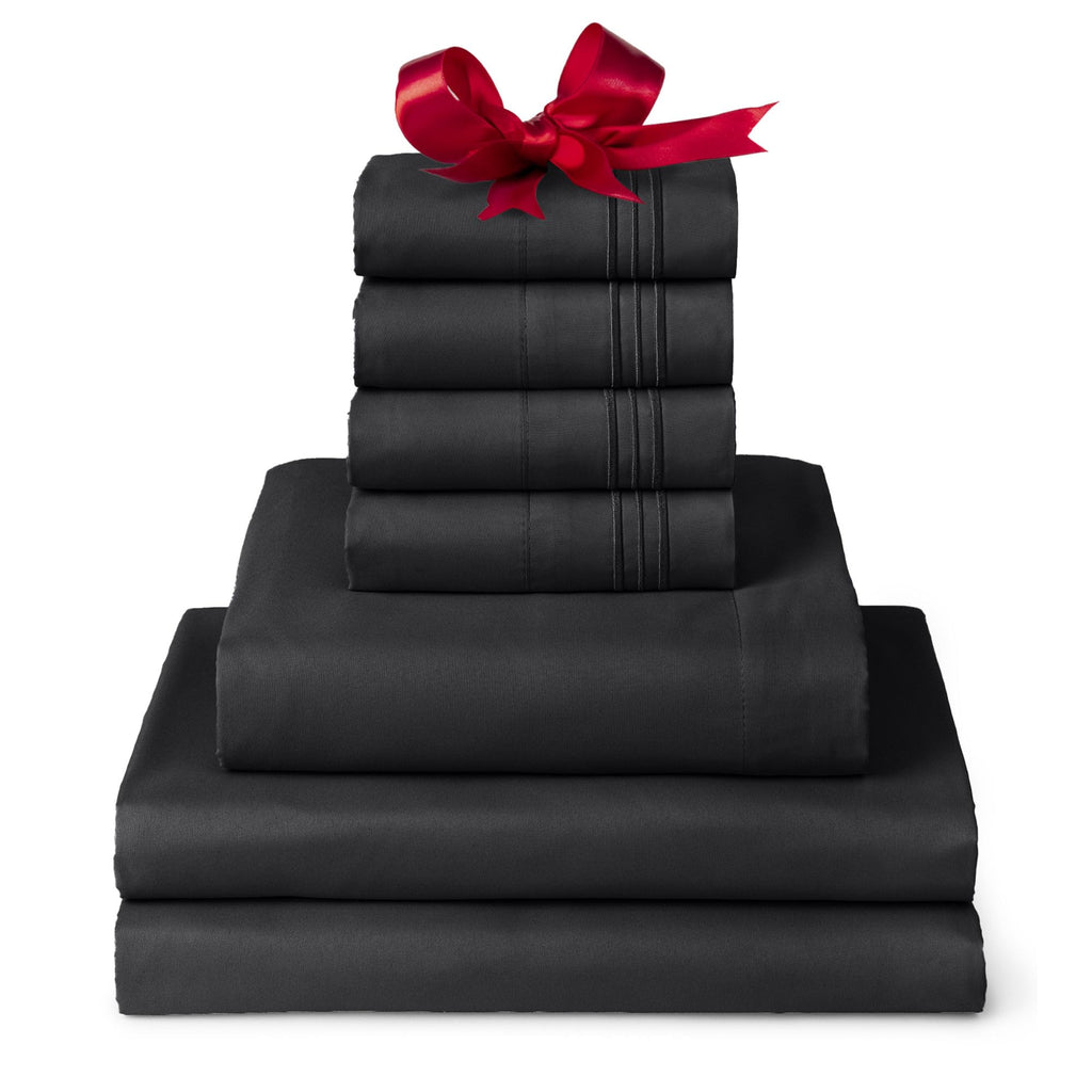 Mellanni Split King Sheet Set - 7-Piece Iconic Collection Bedding, (Including 4 Pillowcases), 16-Inch Deep Pocket, Easy Care, Extra Soft, Cooling Sheets, Brushed Microfiber - Black