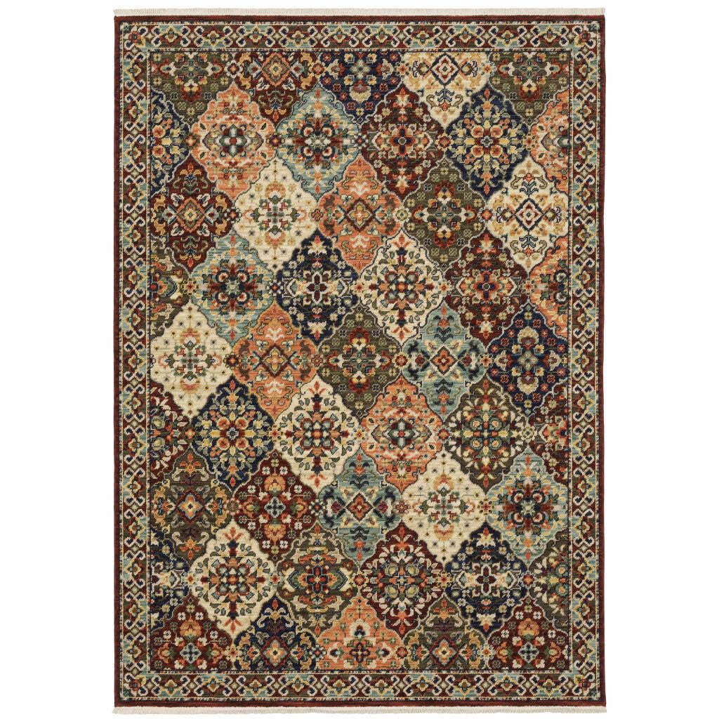 HomeRoots 509273 8 x 11 ft. Red Rust Navy Light Blue Brown Orange Ivory & Gold Oriental Power Loom Stain Resistant Rectangle Area Rug with Fringe