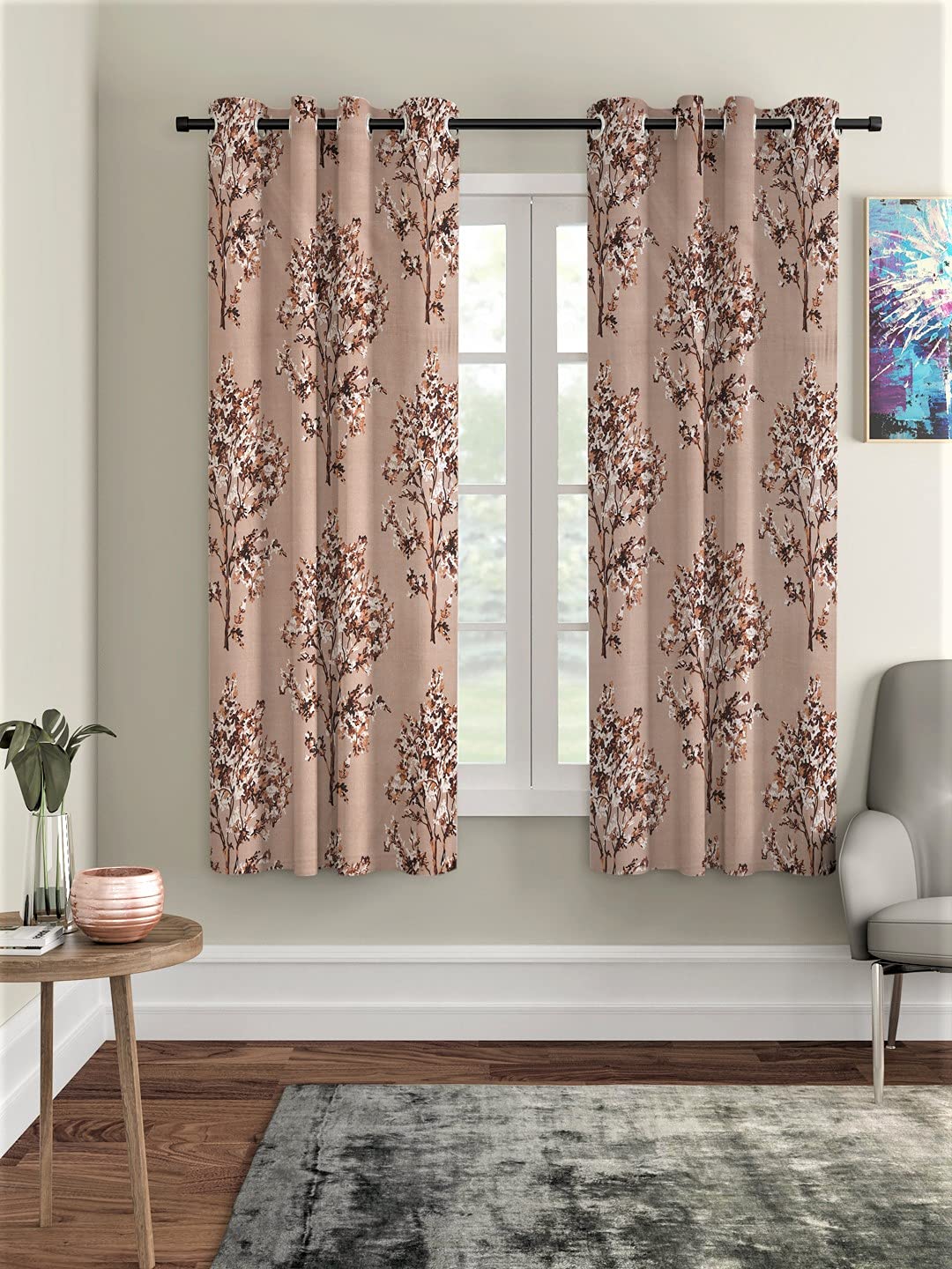 Fashion String 2 Piece Floral Blossoms Eyelet Polyester Window Grommet Curtains 5 Feet, Brown