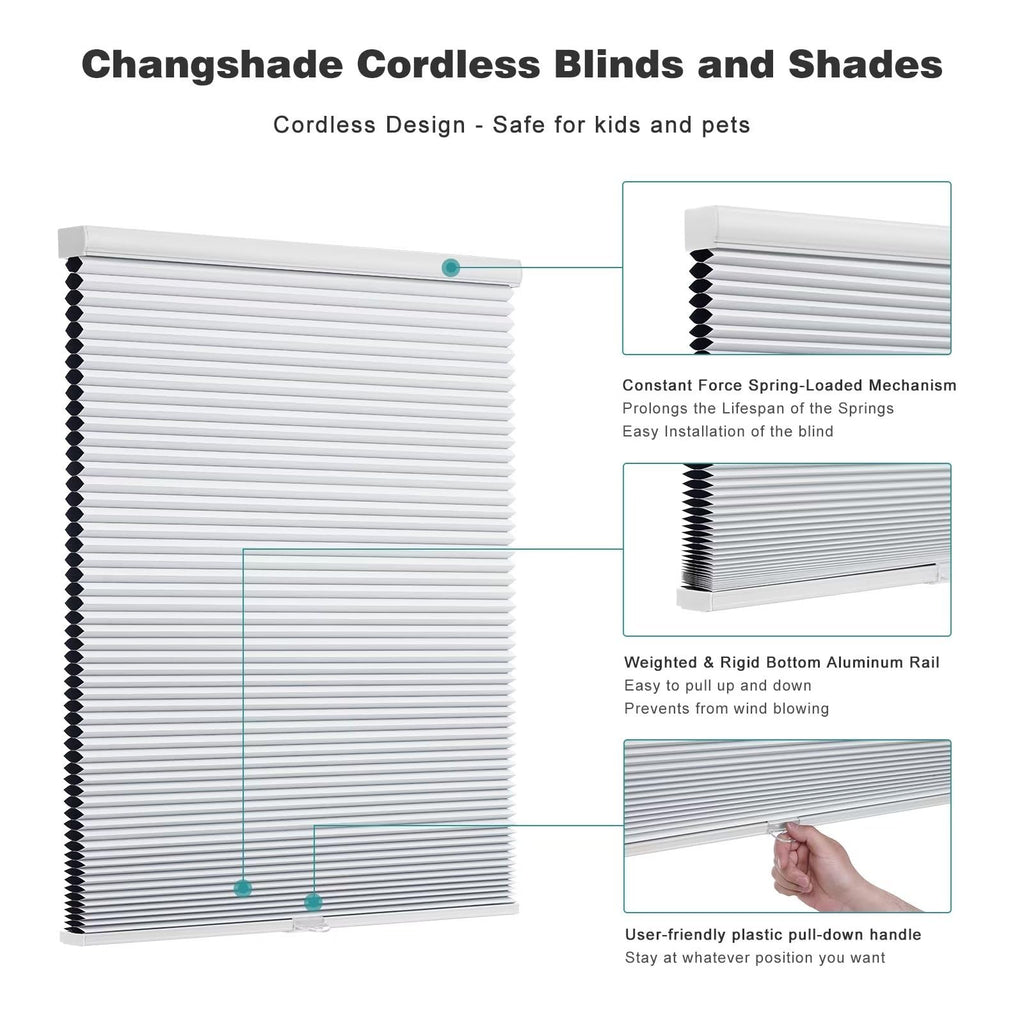 Changshade Cordless Blackout Cellular Shade, Honeycomb Shade With The Diameter Of 1.5 Inch Honeycombs, Room Darkening Pleated Wi