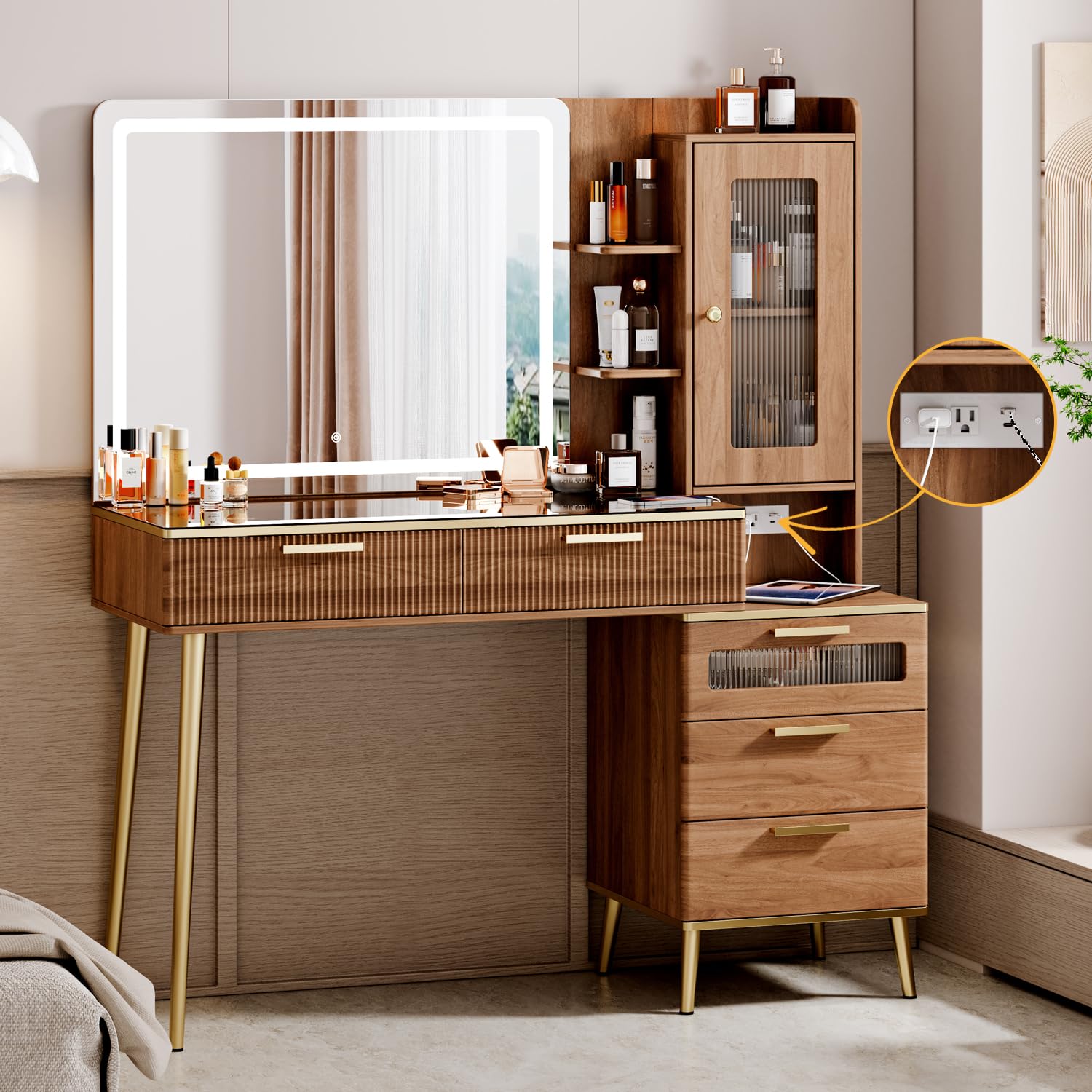 Vanity Desk with 29.53 HD Lighted Mirror, 47.24 Big Modern Vanity Desk with Mirror and Lights, Makeup Vanity with 5 Drawers and 