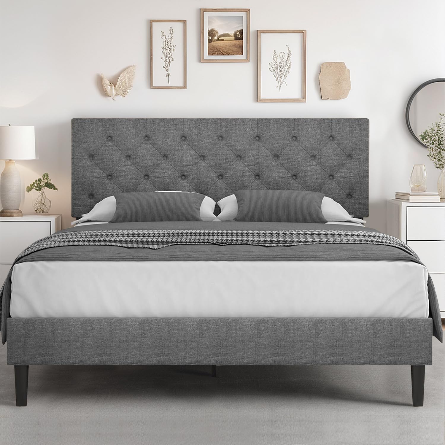HOMBCK Queen Size Bed Frame, Grey Linen Fabric Upholstered Bed Frame with Headboard, Wood Slats Support, Button Tufted Design, N