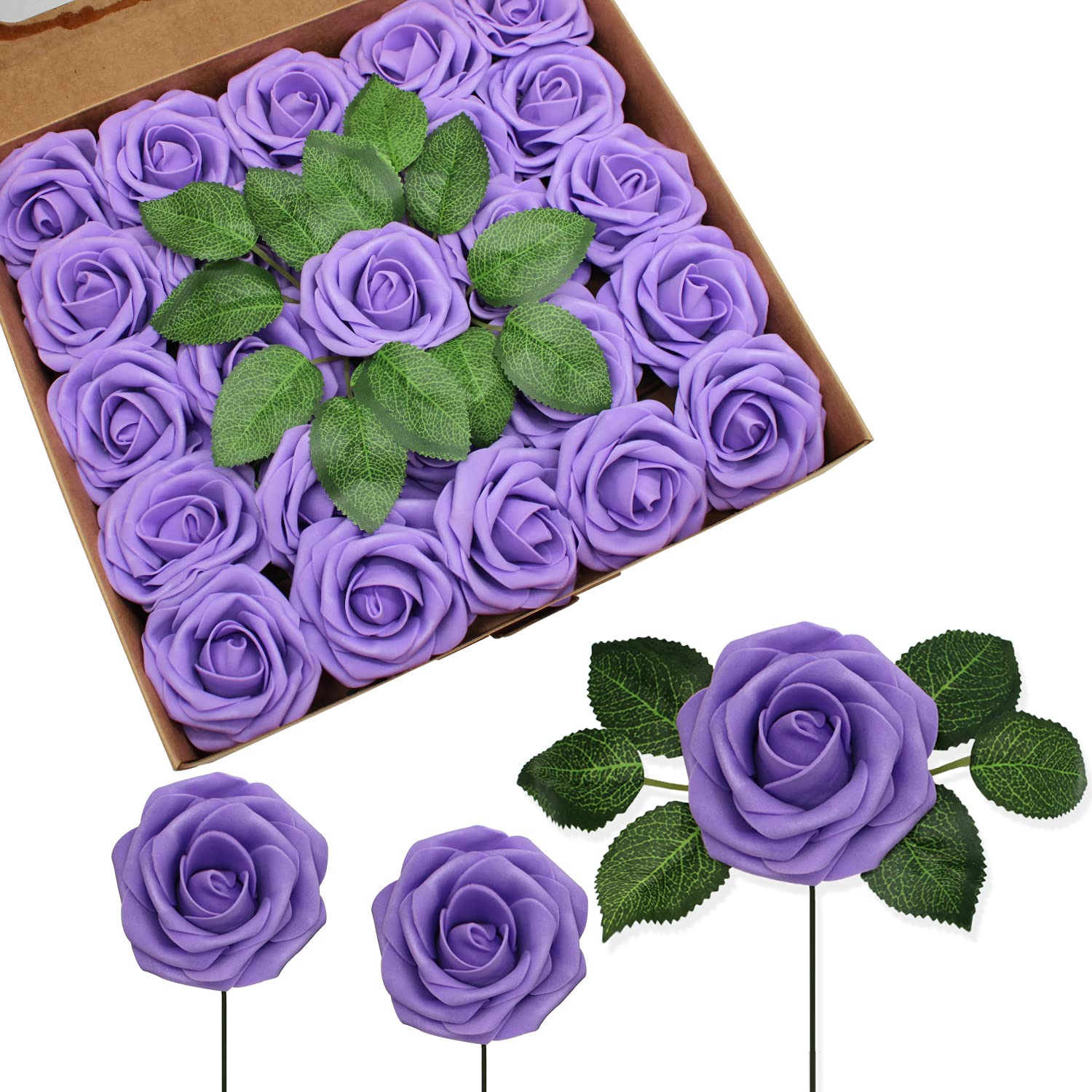 JOYLEX Artificial Flowers Realistic Purple Roses, 25pcs Real Looking Fake Roses with Stem for DIY Wedding Bouquets Centerpieces 