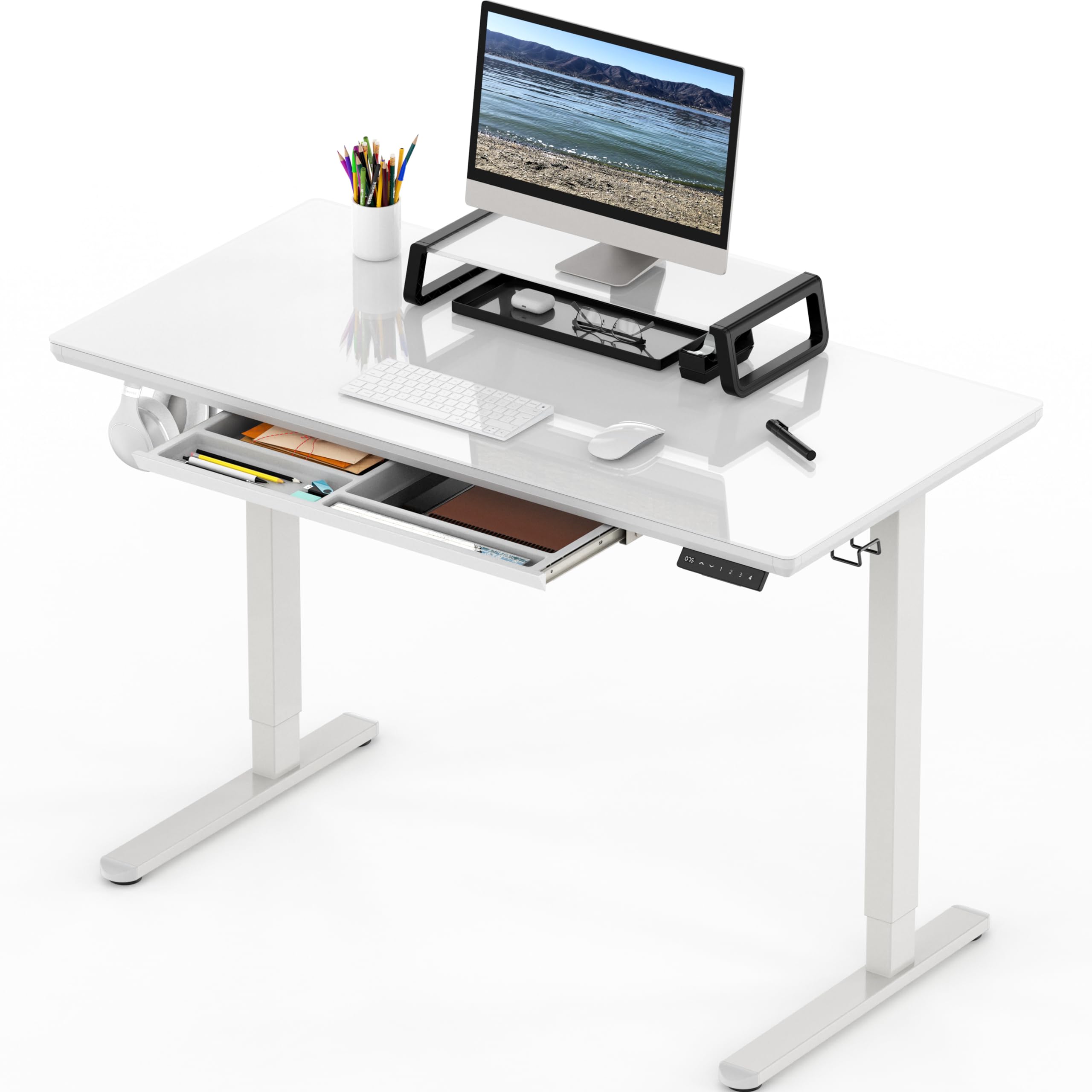 SHW 47-Inch Glass Electric Height Adjustable Desk with Monitor Riser and Drawer, White