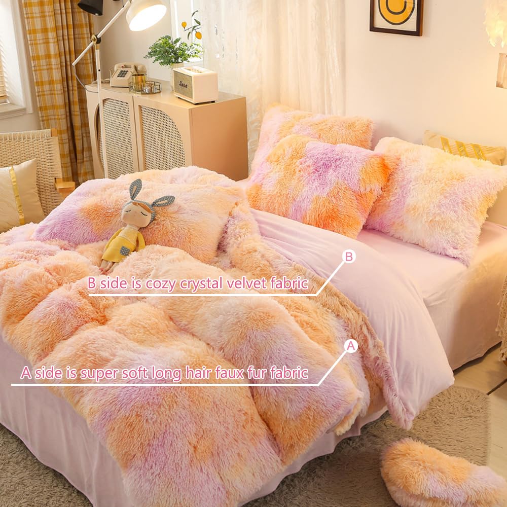 Sucses Plush Shaggy Duvet Cover Set For Girls, 3 Pcs Fluffy Full Size Bedding Sets, Faux Fur Tie Dye Teen Girl Bed Set, Colorful