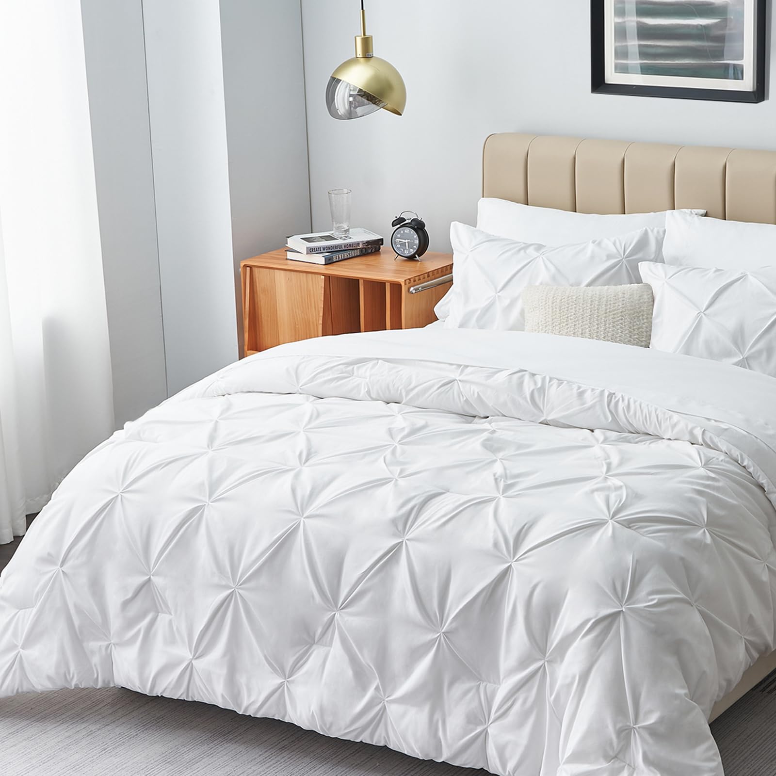 HIMEET White Queen Comforter Set 7 Pieces White Queen Comforter(88''x88'') Pintuck White Comforter Set Pinch Pleat White Comfort