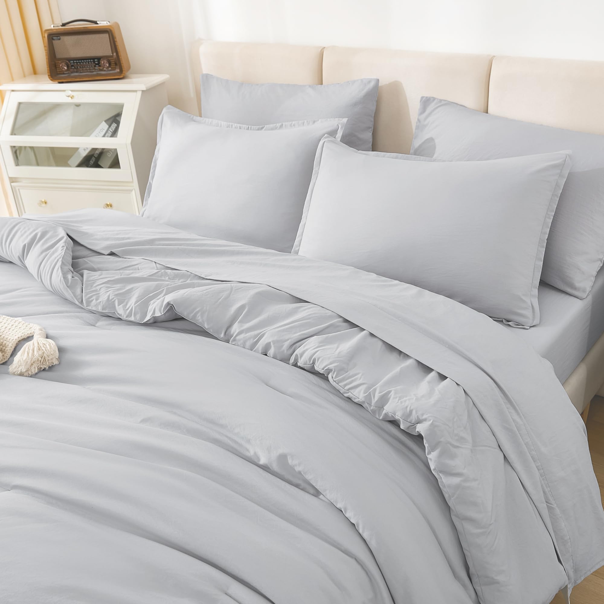 Litanika Queen Comforter Set Light Grey - 7 Pieces Bed In A Bag Queen Beddding Comforter Sets, Solid Lightweight Bed Set With Co