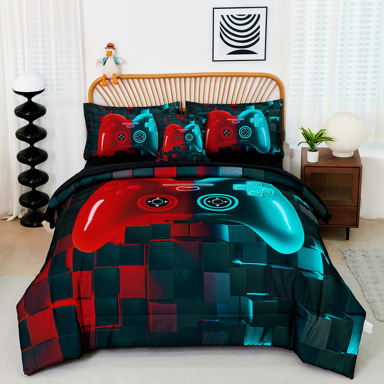 Perfemet 6 Pcs Gamer Bed Set Twin Size Red And Teal Game Console Kids Bed In A Bag Set Soft Fluffy 3D Cool Teen Boys Gaming Comf