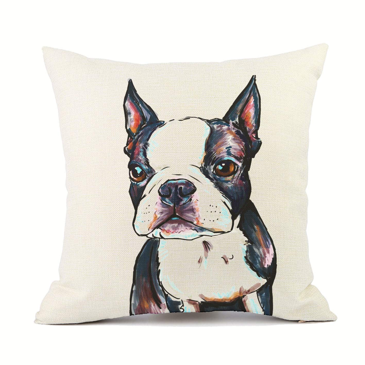 Redland Art Cute Pet Boston Terrier Dog Throw Pillow Covers Linen Sofa Decorative Cushion Cases For Home Decor 18  18 Inch