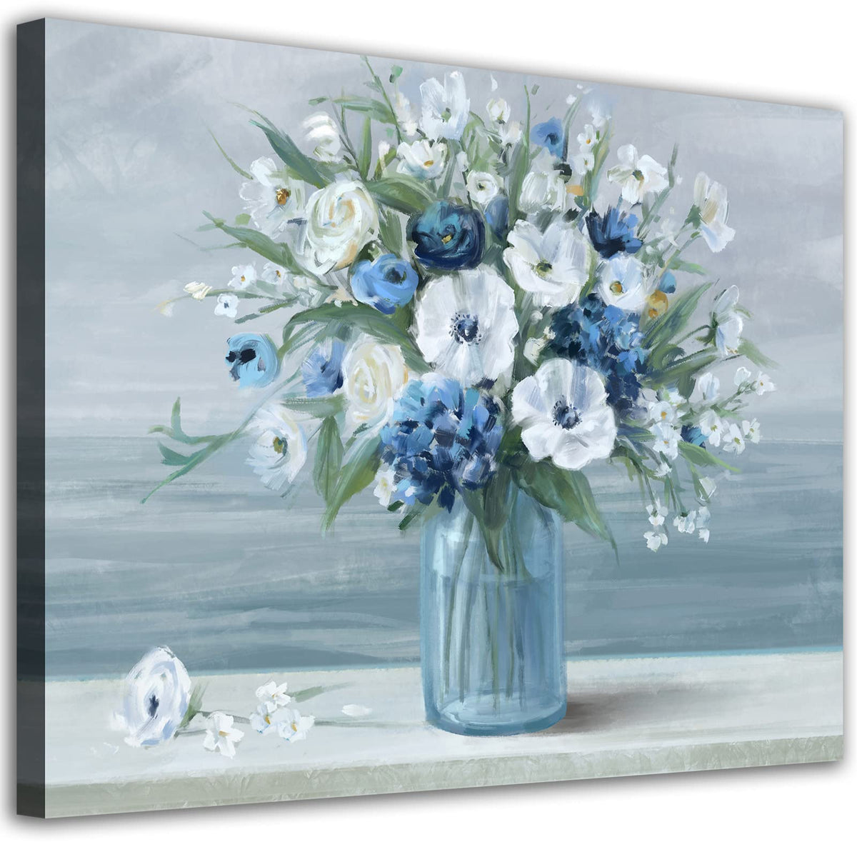 arteWOODS Vintage Flowers Canvas Art Blue White Blossom Retro Flowers in Vase Canvas Pictures Blue Ocean Background Artwork Prints for Bedroom Bathroom Wall Decor 16 X 12