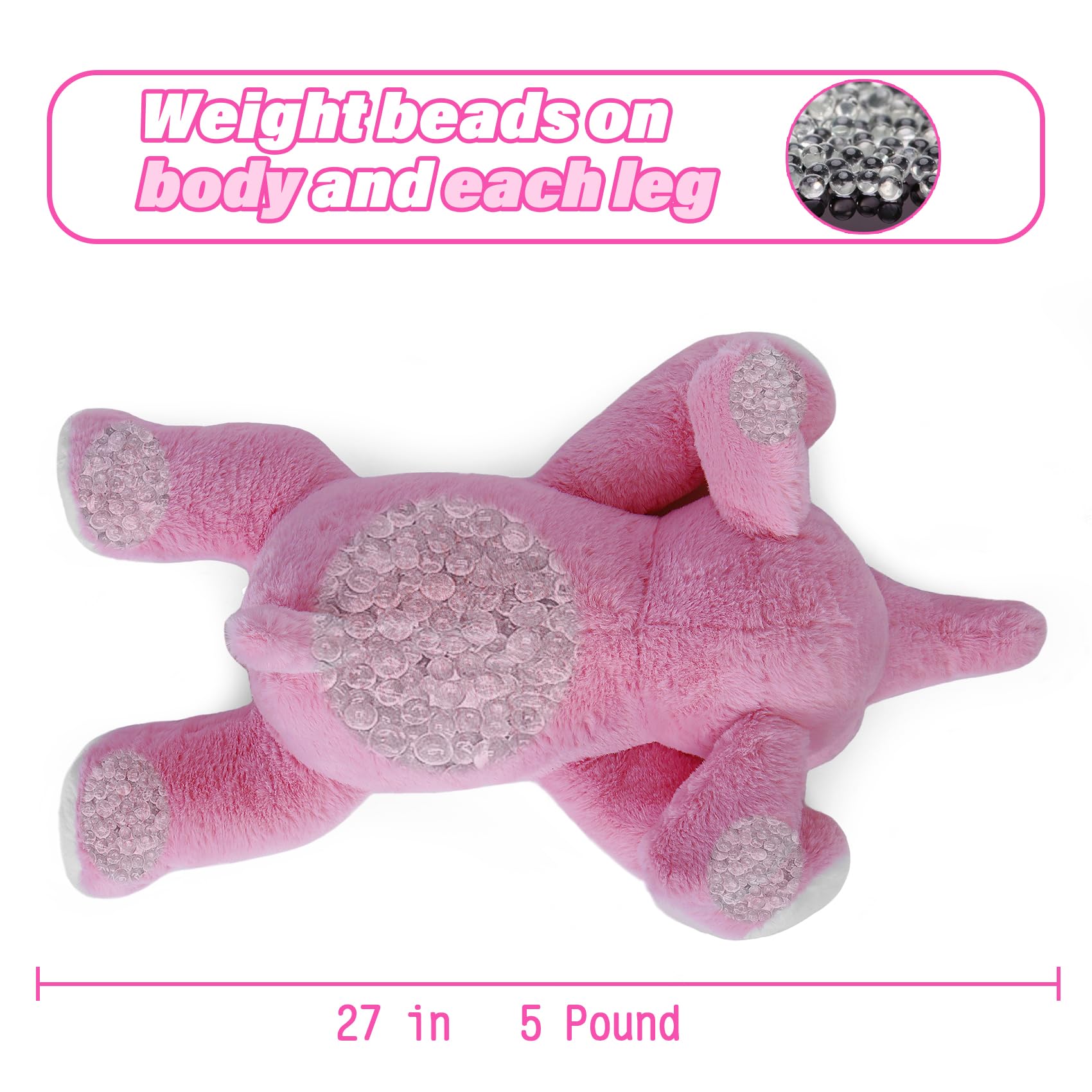 JellyMallow 27" Weighted Pink Elephant Plush Pillow - 5 lbs Huggable Stuffed Animal for Kids & Adults