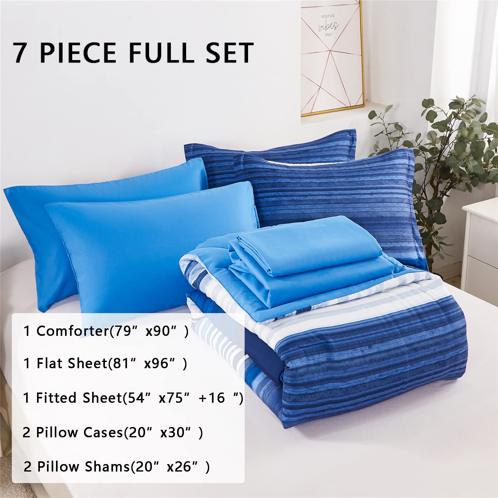 Kakijumn 7 Piece Bed In A Bag Stripe Comforter Set Full Size, White And Blue Patchwork Striped Comforter And Sheet Set, All Seas