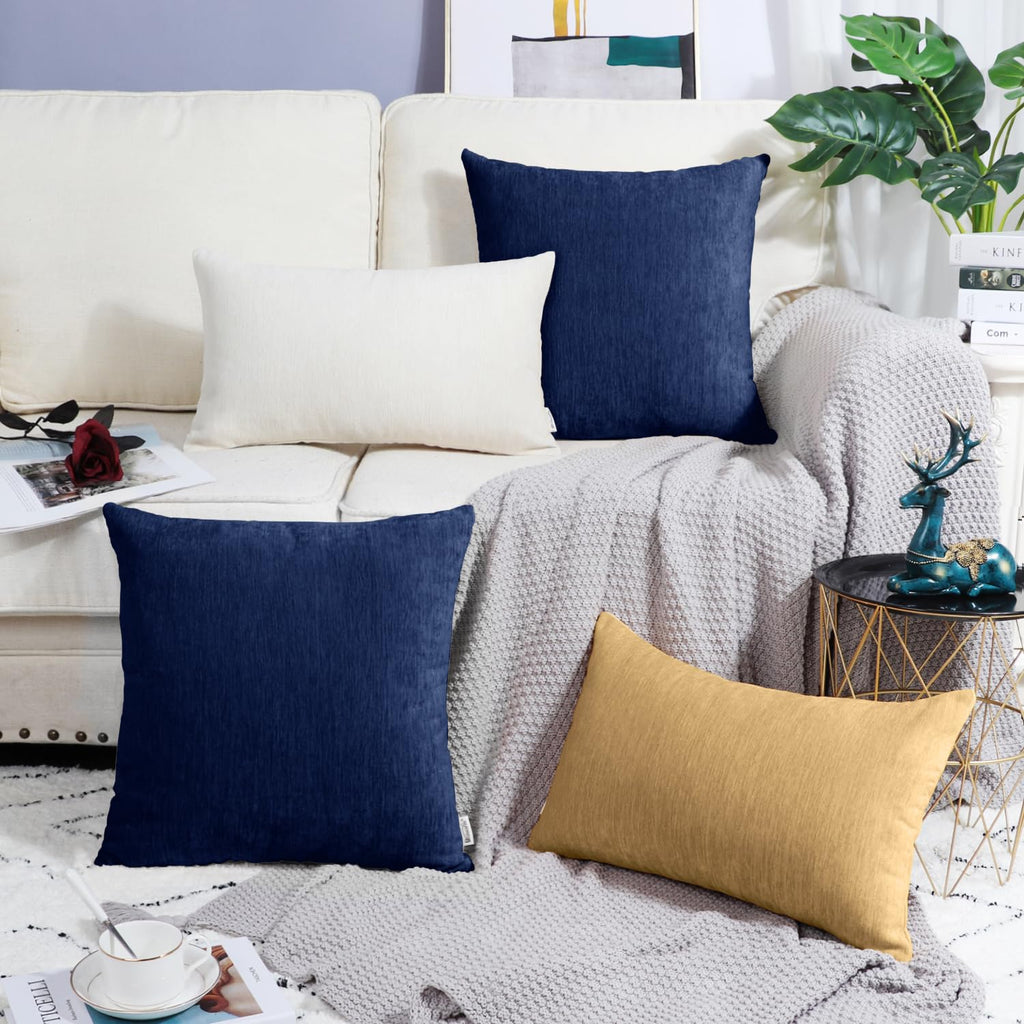 Brawarm Chenille Throw Pillow Covers 22X22 Inches - Navy Blue Chenille Pillow Covers Pack Of 2, Solid Dyed Soft Chenille Pillow