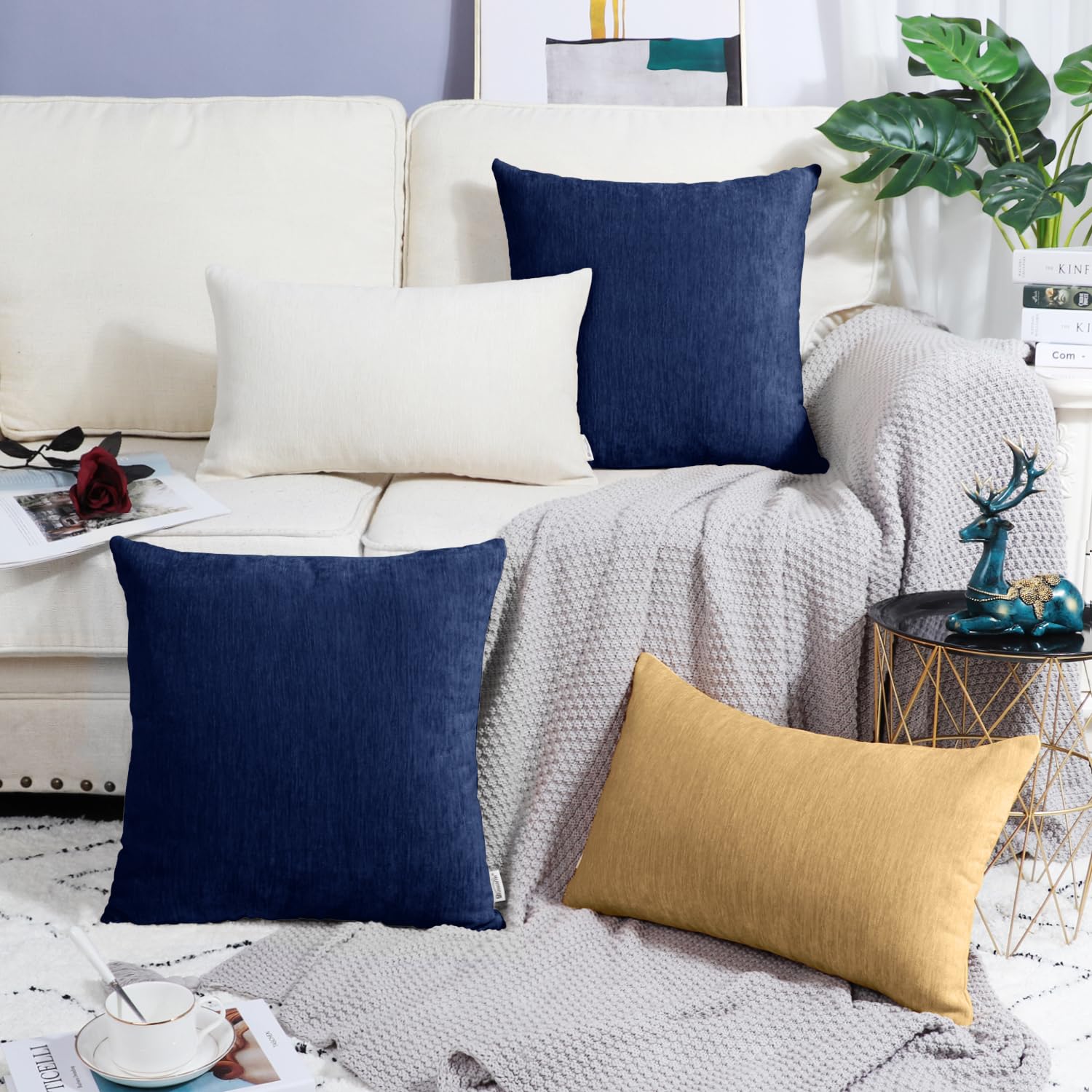 Brawarm Chenille Throw Pillow Covers 22X22 Inches - Navy Blue Chenille Pillow Covers Pack Of 2, Solid Dyed Soft Chenille Pillow