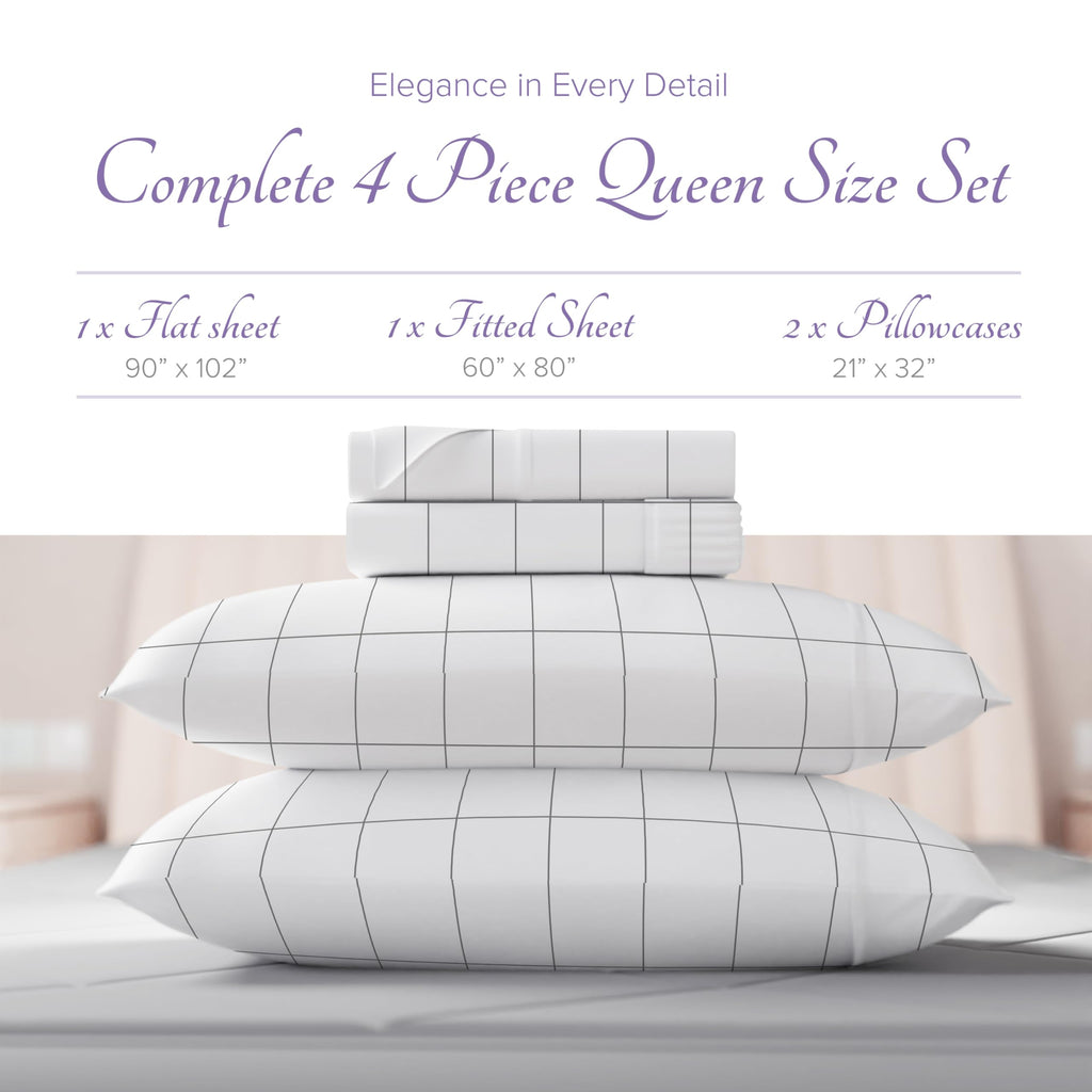 Carressa Linen Luxury Egyptian Cotton Queen Printed Sheet Set - 600 Thread Count Extra Long Staple 4 Pc Set, Window Pane Queen P