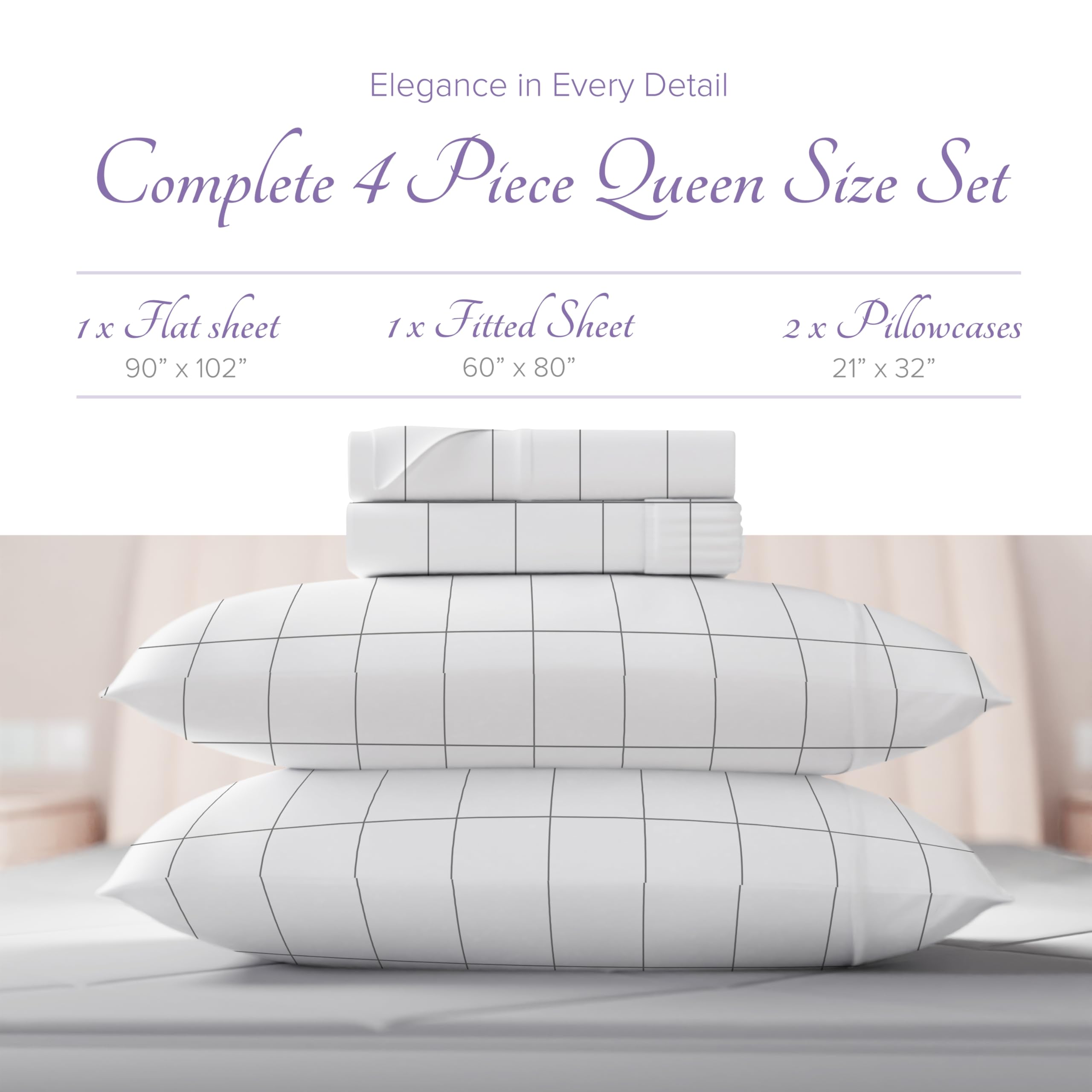Carressa Linen Luxury Egyptian Cotton Queen Printed Sheet Set - 600 Thread Count Extra Long Staple 4 Pc Set, Window Pane Queen P