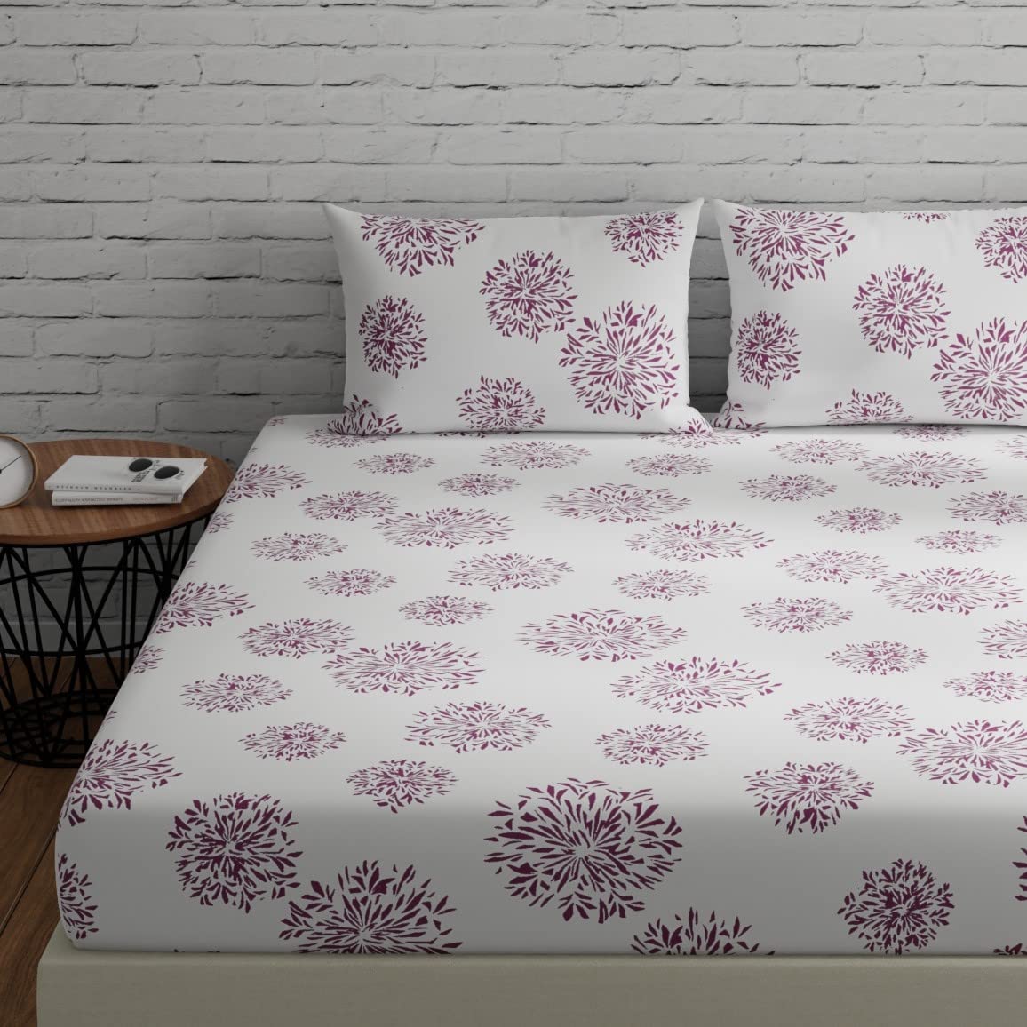 Huesland By Ahmedabad Cotton 144 Tc Bedsheet For Double Bed King Size Cotton With 2 Pillow Covers | White (Mauve Print) | 108X10