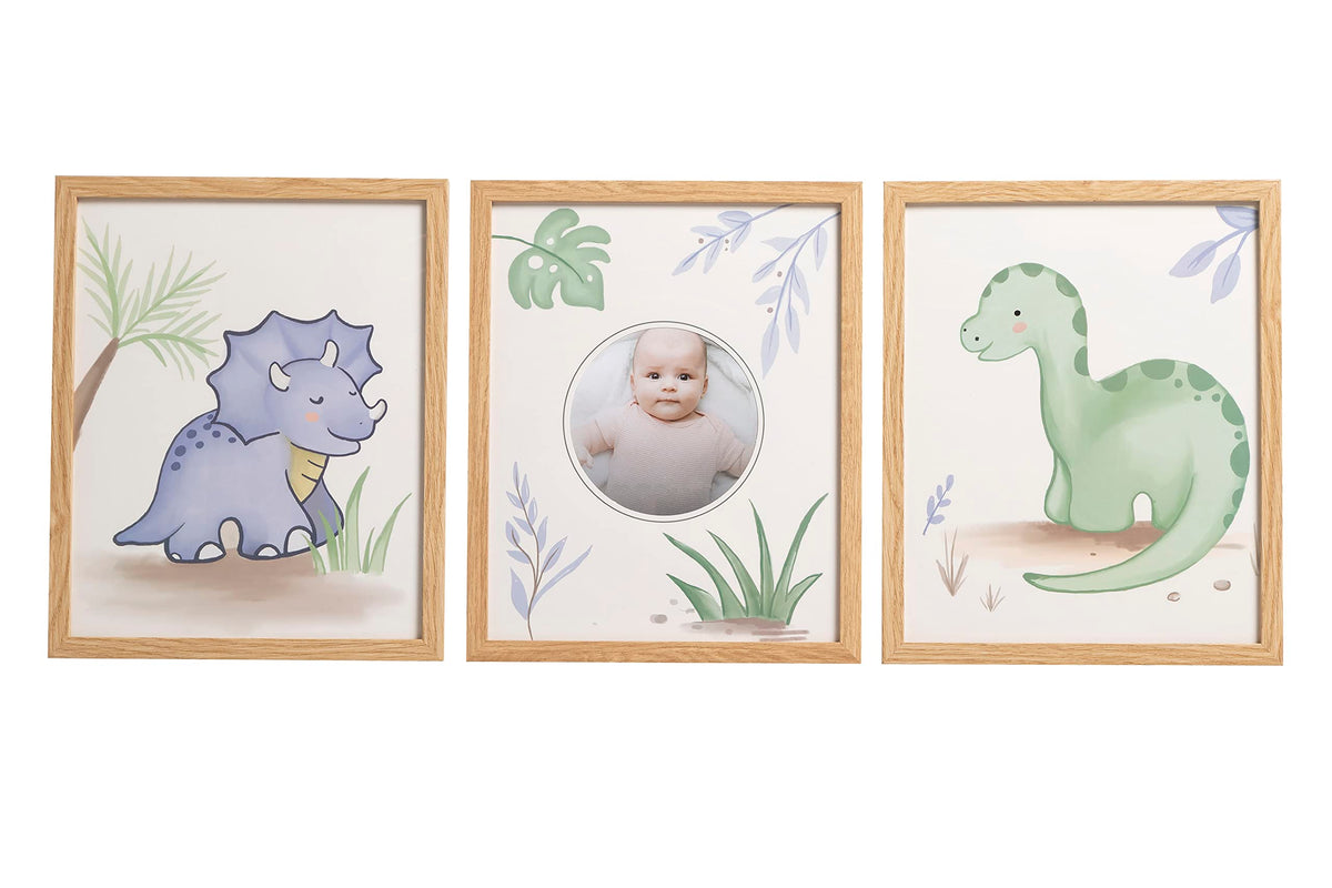 Reece Studio Nursery Wall Art Set Of 3, Dinosaur Baby Picture Frame Set, Dino Themed Nursery D  cor For Baby Boy, Newborn Baby P