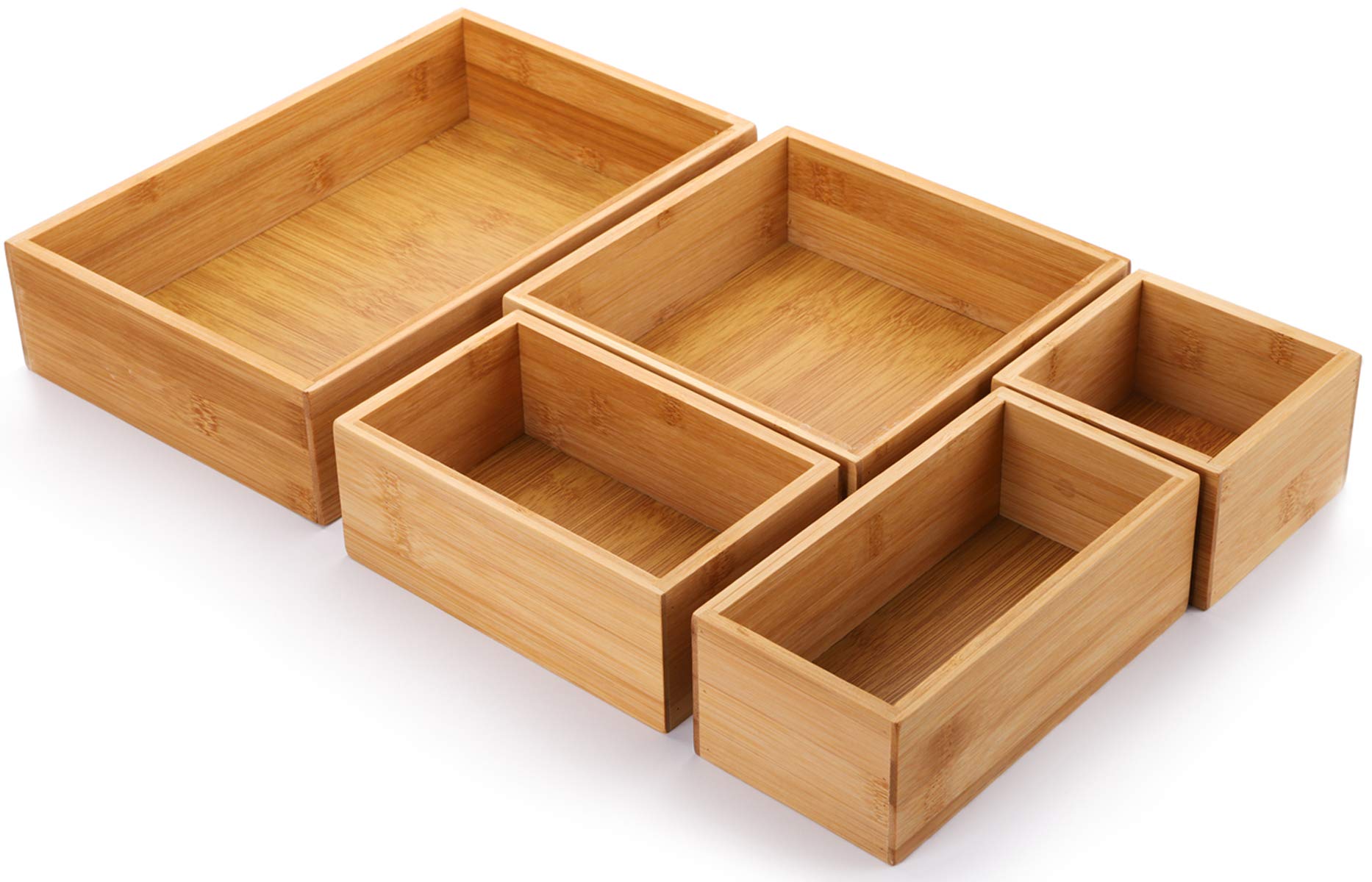 Lawei Set of 5 Bamboo Drawer Organizer Boxes, Desk Storage Box Kit, Drawer Storage Containers Tray Bins for Office, Kitchen, Bed