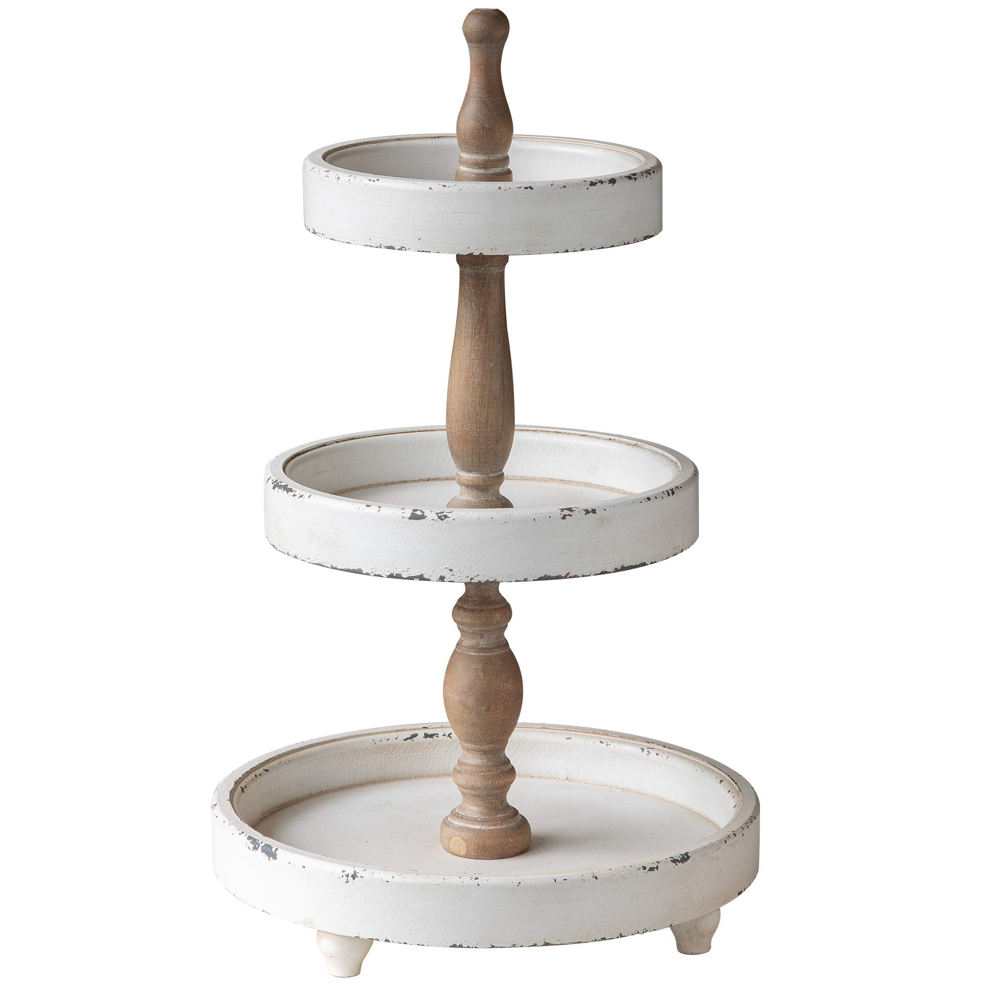 SOFE Distressed White 3 Tiered Tray Stand, Rustic Wood Three Tiered Tray for Spring Easter Decor, Round Farmhouse Tier Tray for 