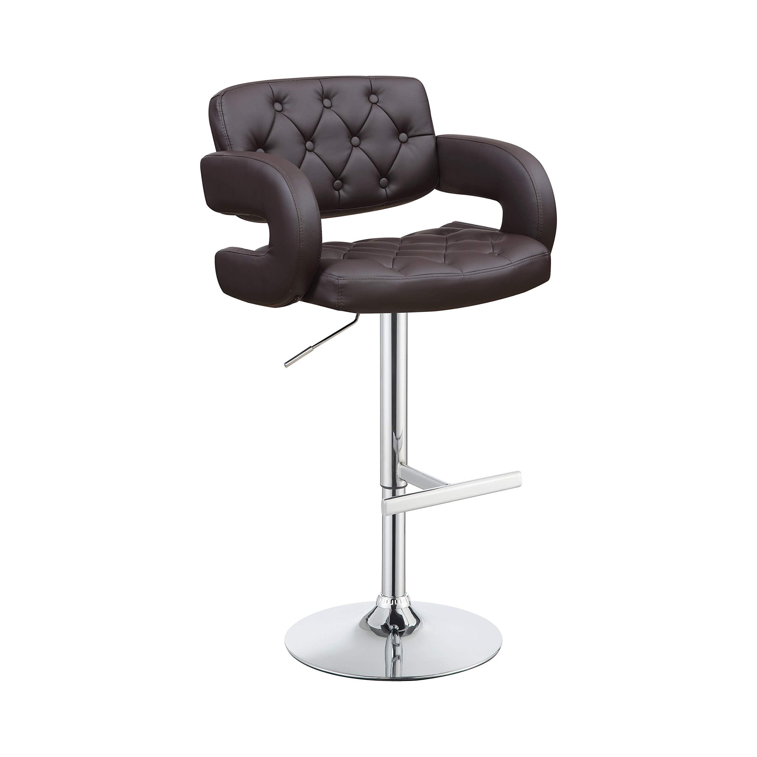 Coaster Home Furnishings Contemporary Mid-Back Adjustable Height Pub Chair Swivel Bar Stool Barstool Button Tufted Faux Leather Upholstered Sturdy Chrome Steel Base With Footrest Brown 102556