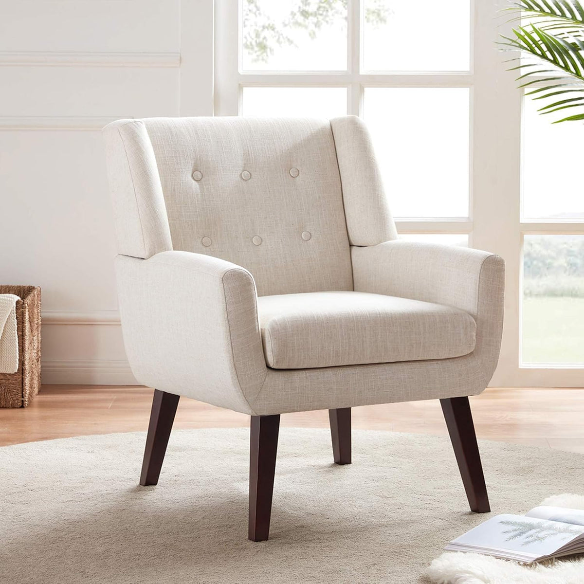 Huimo Accent Chair Living Room Chair, Upholstered Button Tufted Armchair, Linen Fabric Sofa Chairs For Bedroom, Living Room, Mid-Century Modern Comfy Reading Chair (Beige)