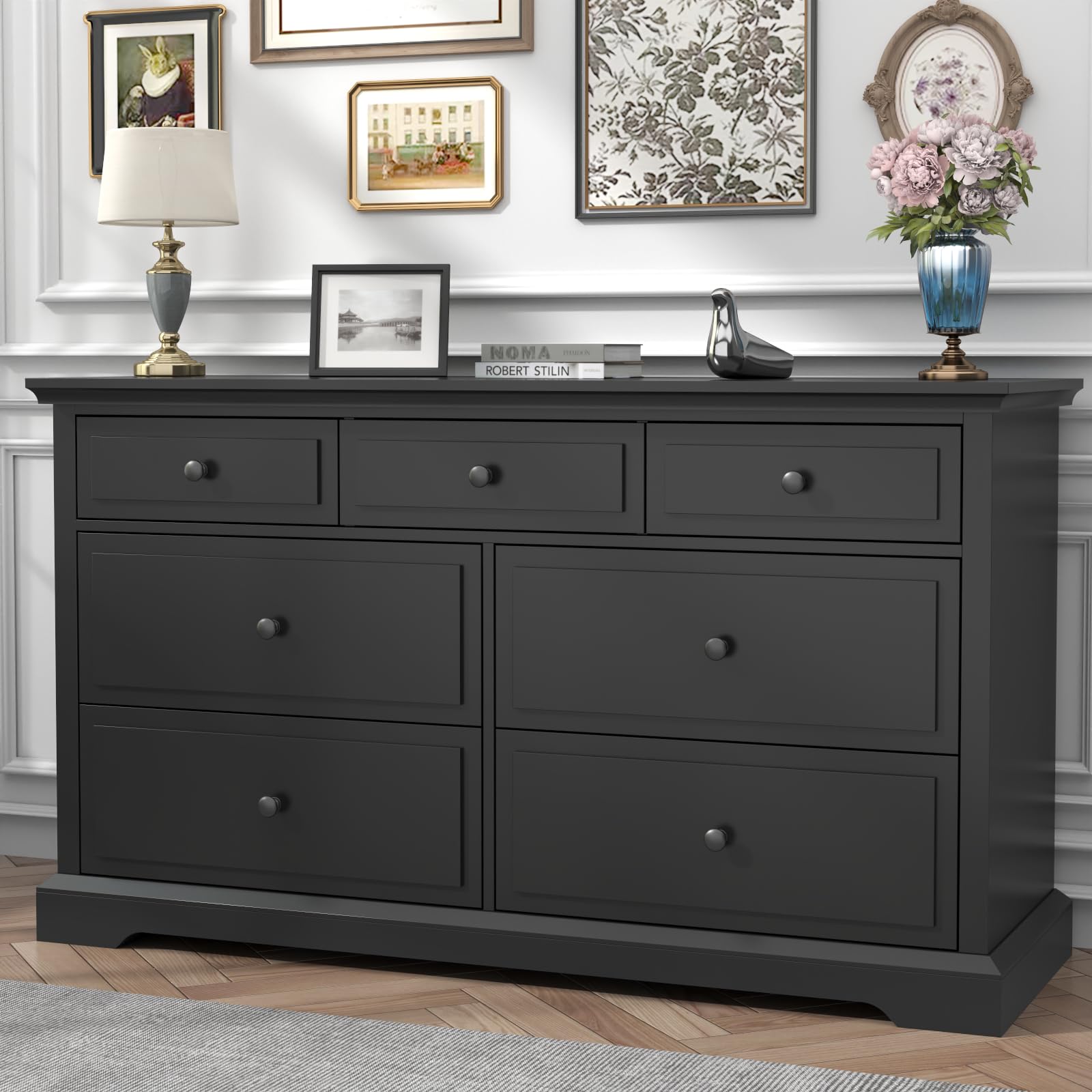 Loomie 7 Drawers Black Double Dressers Chests for Bedroom, Large Storage Dresser Organizer for Bedroom, Long Dresser Tv Stand, V