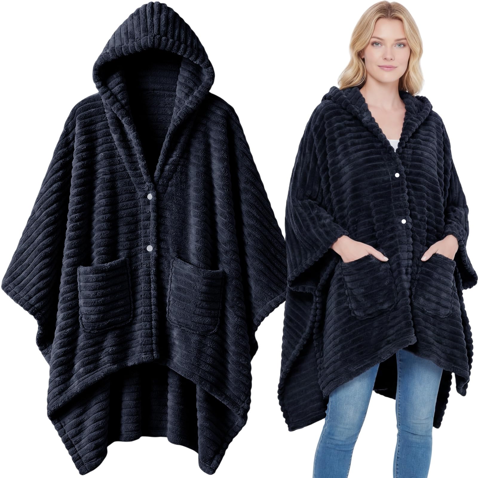 Tegeme Wearable Blanket Poncho for Women Sherpa Shawl with Pockets Hood Cozy for Mom Girlfriend Wife Female(Navy Blue)
