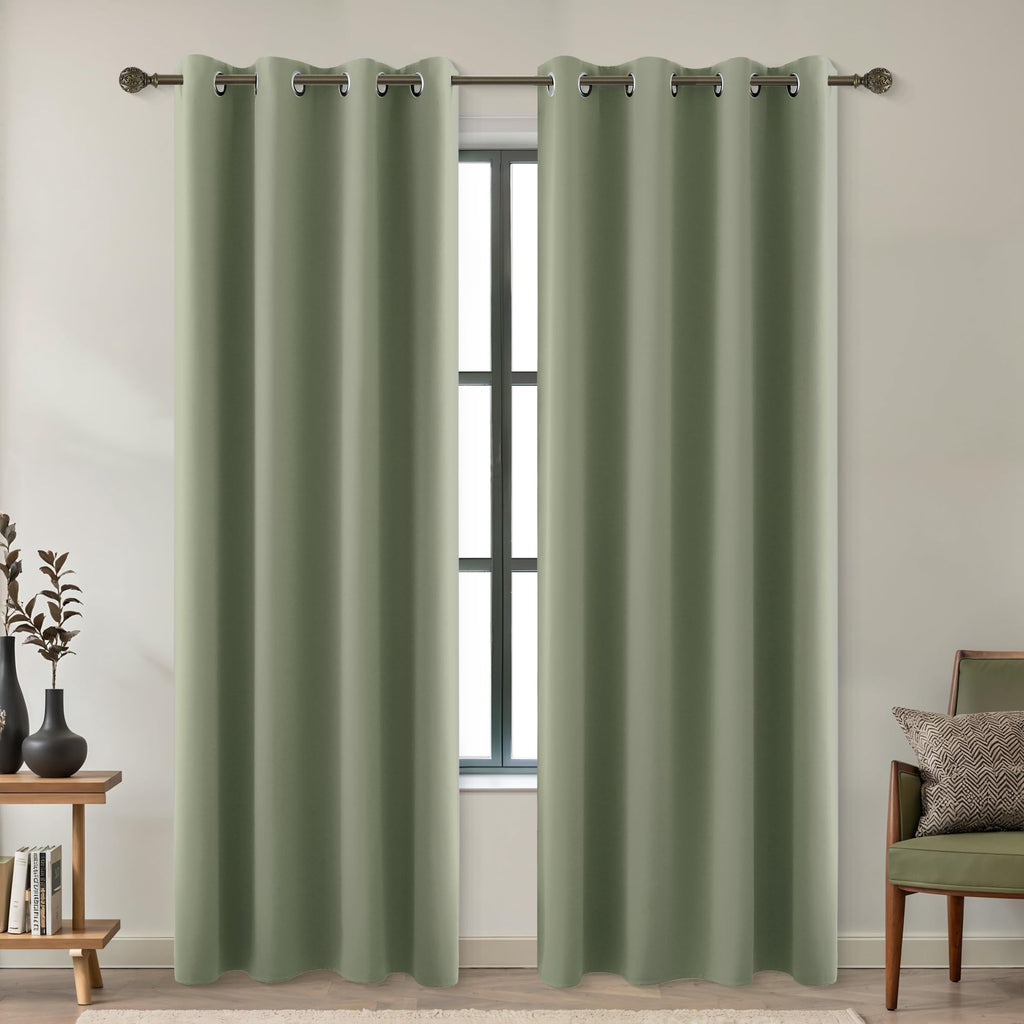 Koufall Dark Sage Green Blackout Curtains For Bedroom 84 Inch Length 2 Panels Set,Thermal Insulated Black Out Drapery Grommet Room Darkening Window Curtain Drapes For Living Room,52X84 Inches Long