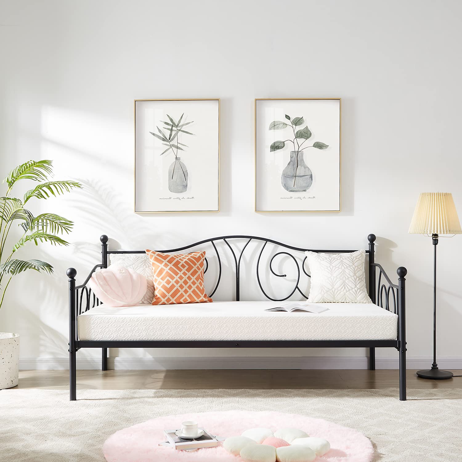 VECELO Metal Daybed Frame Multifunctional Platform Bed Sofa Mattress Foundation with Classic Headboard, Twin, Black