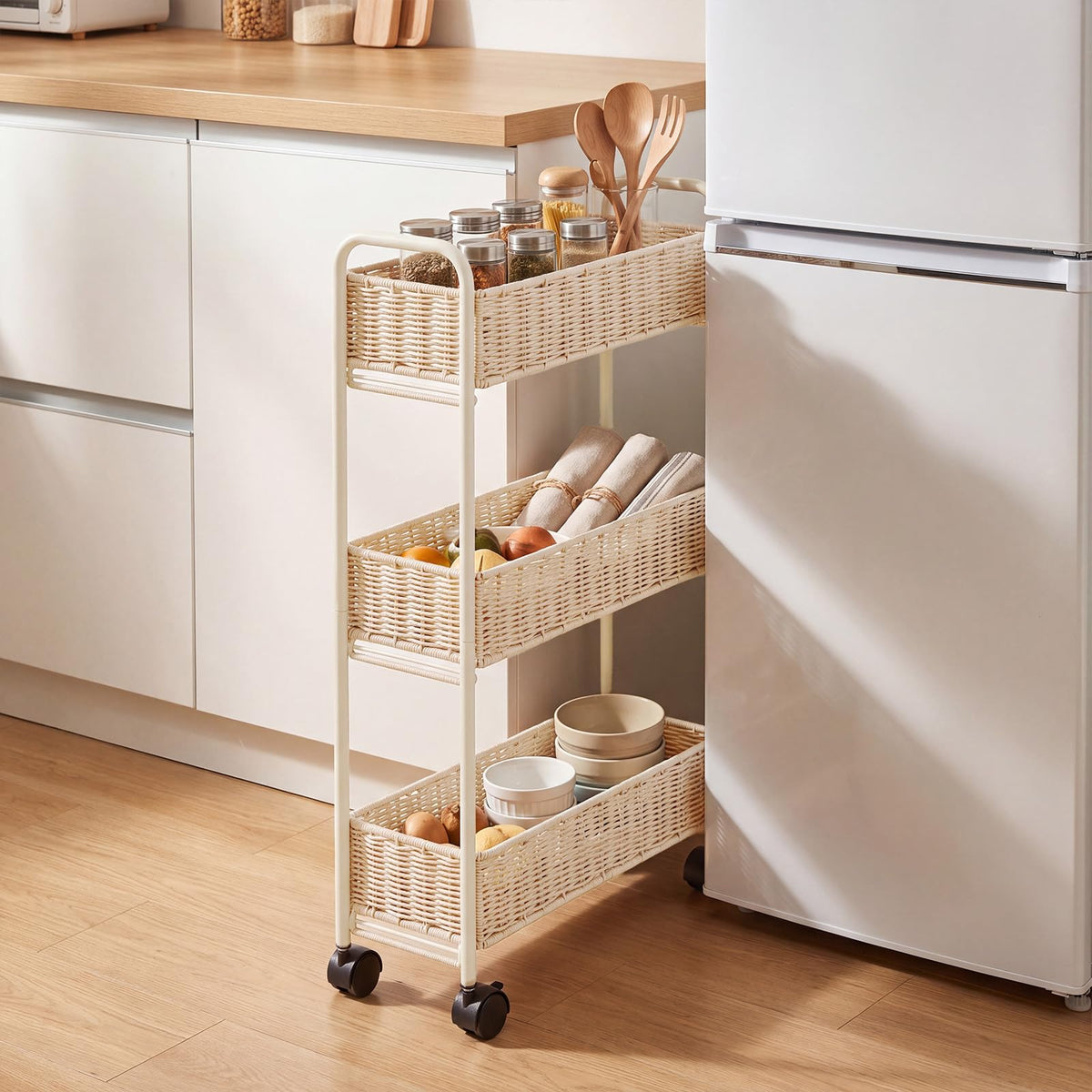 FOCHIER F Utility Slim Storage Cart,3Tier Rolling Kitchen Office Laundry Room Cart with Wheels,Mobile Shelving Unit Organizer f
