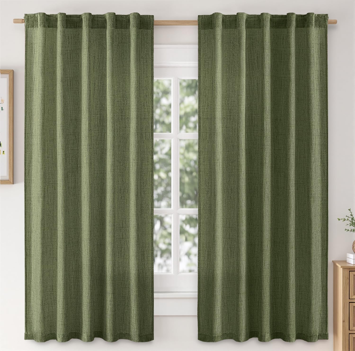 MIULEE Faux Linen Curtains 63 Inch Length 2 Panels Natural Olive Green Semi Sheer Curtain with Back Tab Rod Pocket, Light Filter