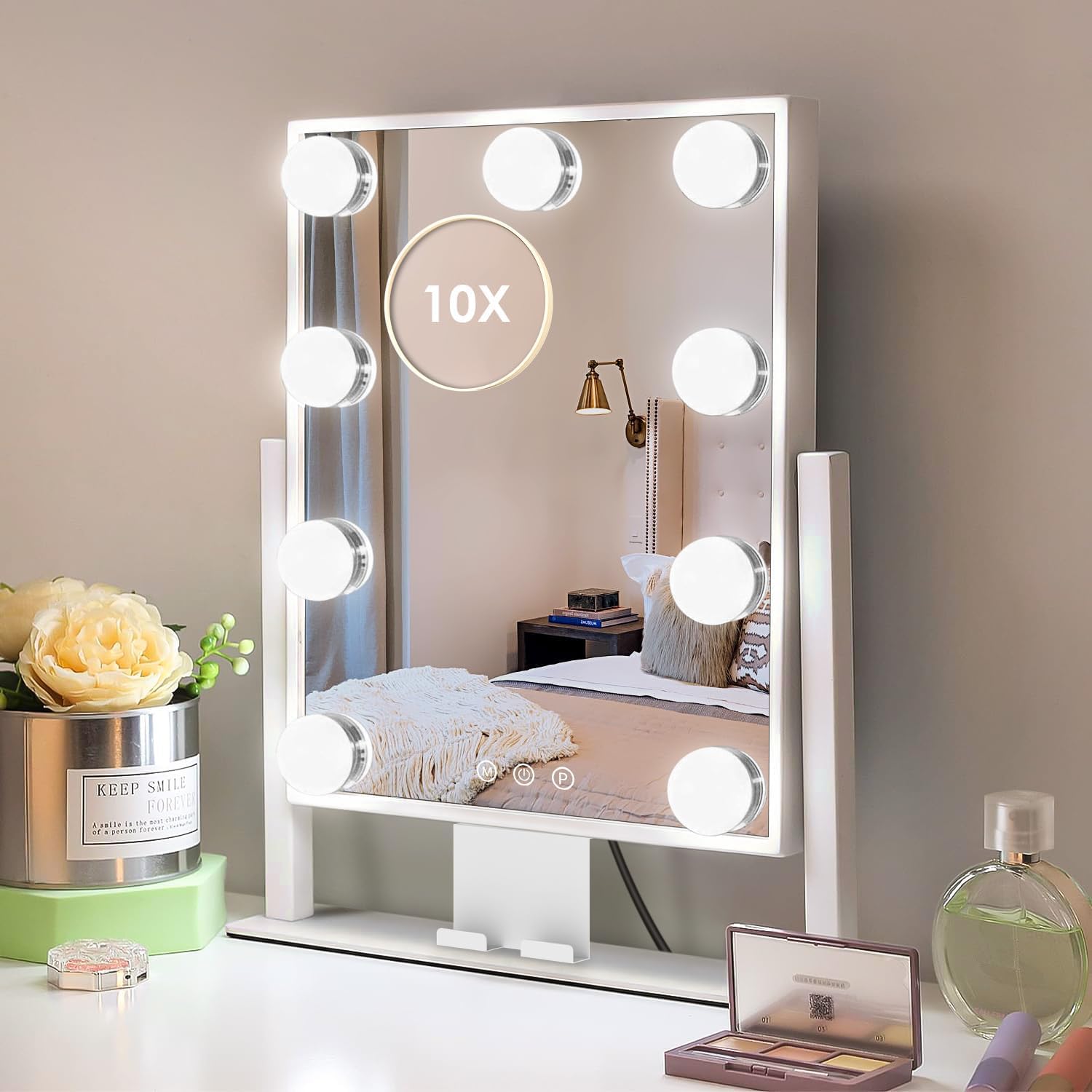 Kottova Lighted Makeup Mirror, Hollywood Vanity Mirror with Lights, Three Color Modes, 10X Magnification, Smart Touch Control, D