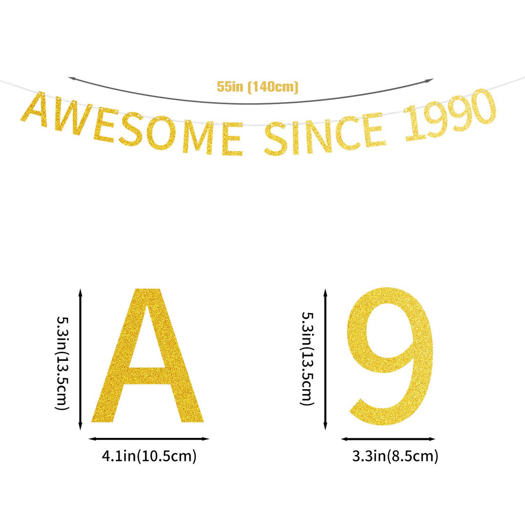 Awesome Since 1990 Pre-Strung Gold Glittery 34Th Birthday Banner 34 Thirty Four Old Birthday Party Decorations For Men Women