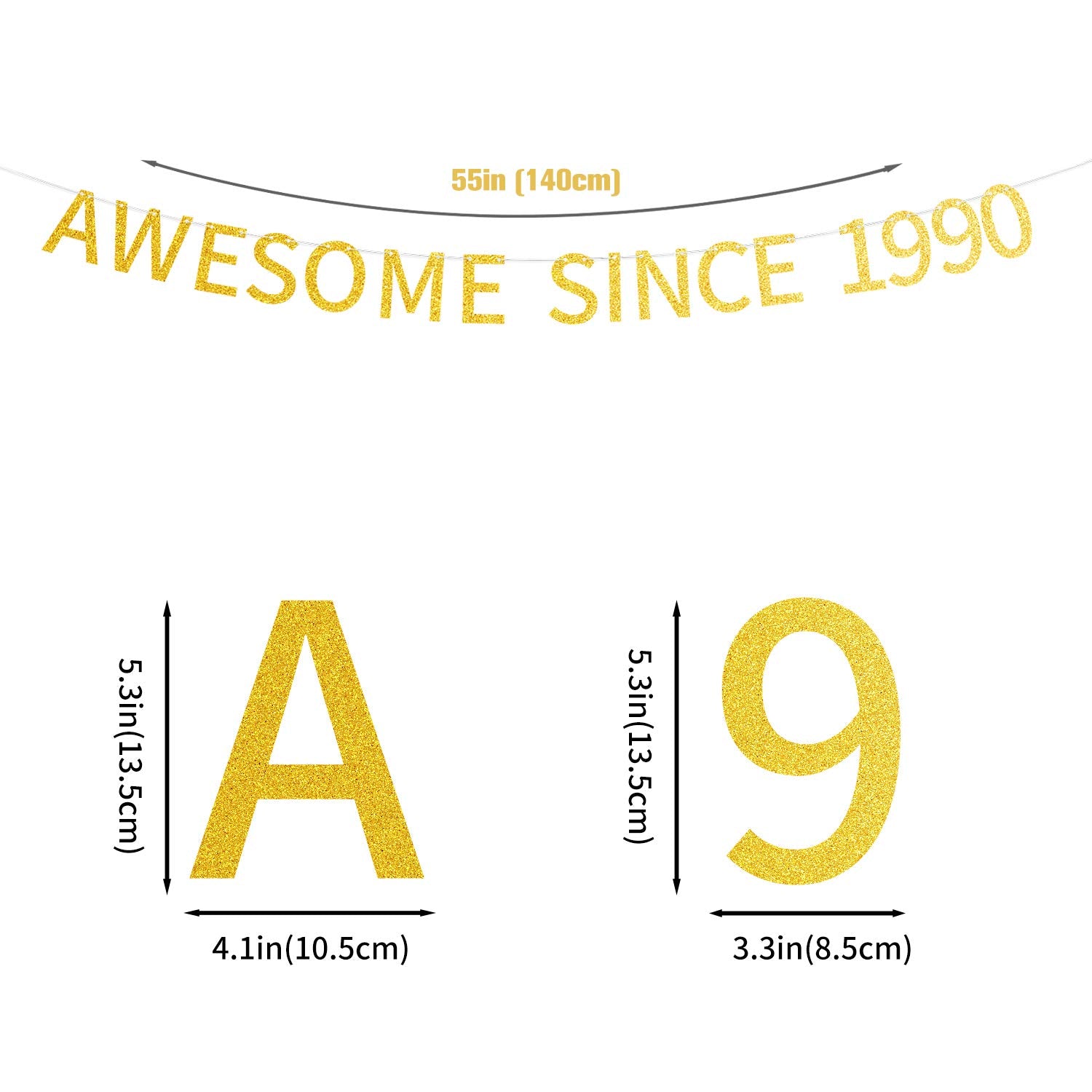Awesome Since 1990 Pre-Strung Gold Glittery 34Th Birthday Banner 34 Thirty Four Old Birthday Party Decorations For Men Women