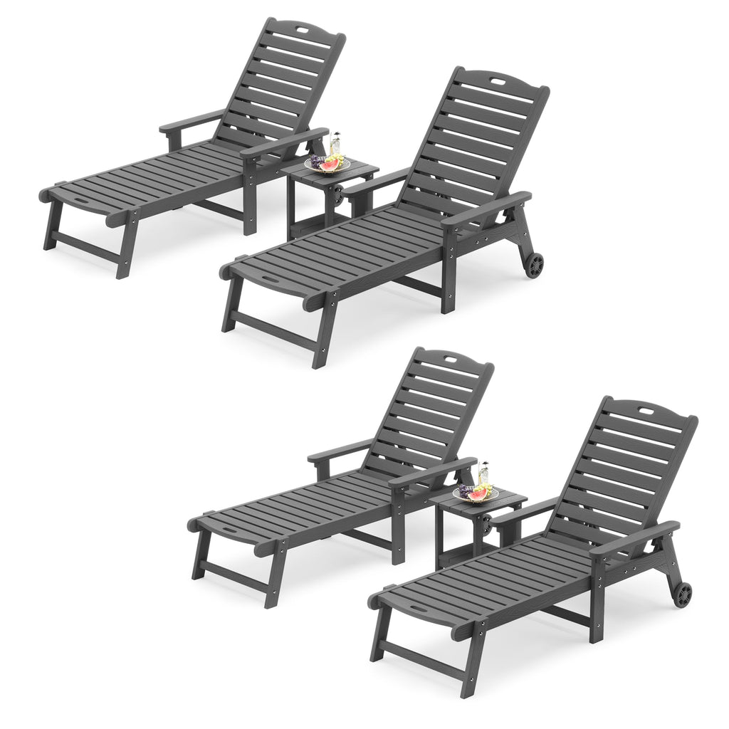 Lue Bona Chaise Lounge Chairs Set With Table, 6-Piece, 79'' Oversized Hdps Chaise Lounger, 5 Positions Adjustable Lounge Chairs, Pool Lounge Chair With Wheels For Poolside, 3 Year Warranty, Dark Gray