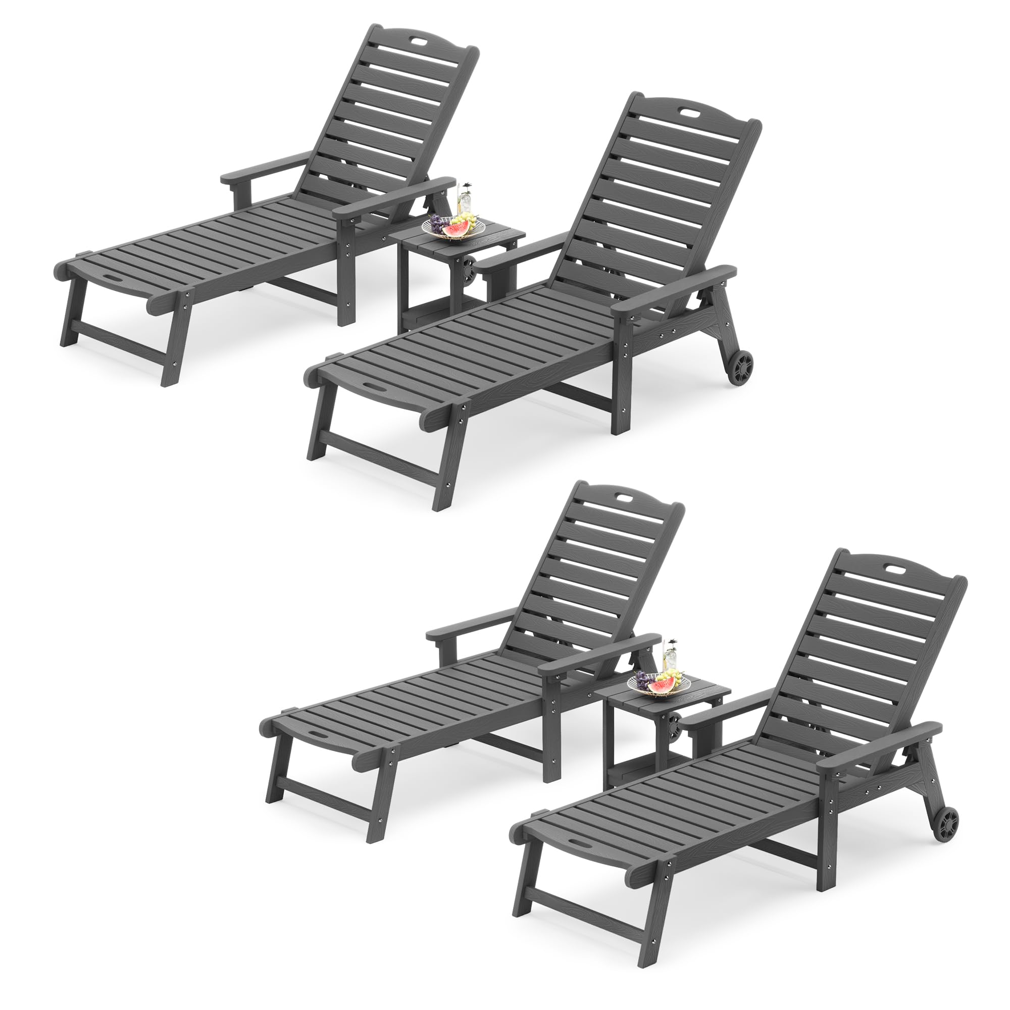 Lue Bona Chaise Lounge Chairs Set With Table, 6-Piece, 79'' Oversized Hdps Chaise Lounger, 5 Positions Adjustable Lounge Chairs, Pool Lounge Chair With Wheels For Poolside, 3 Year Warranty, Dark Gray